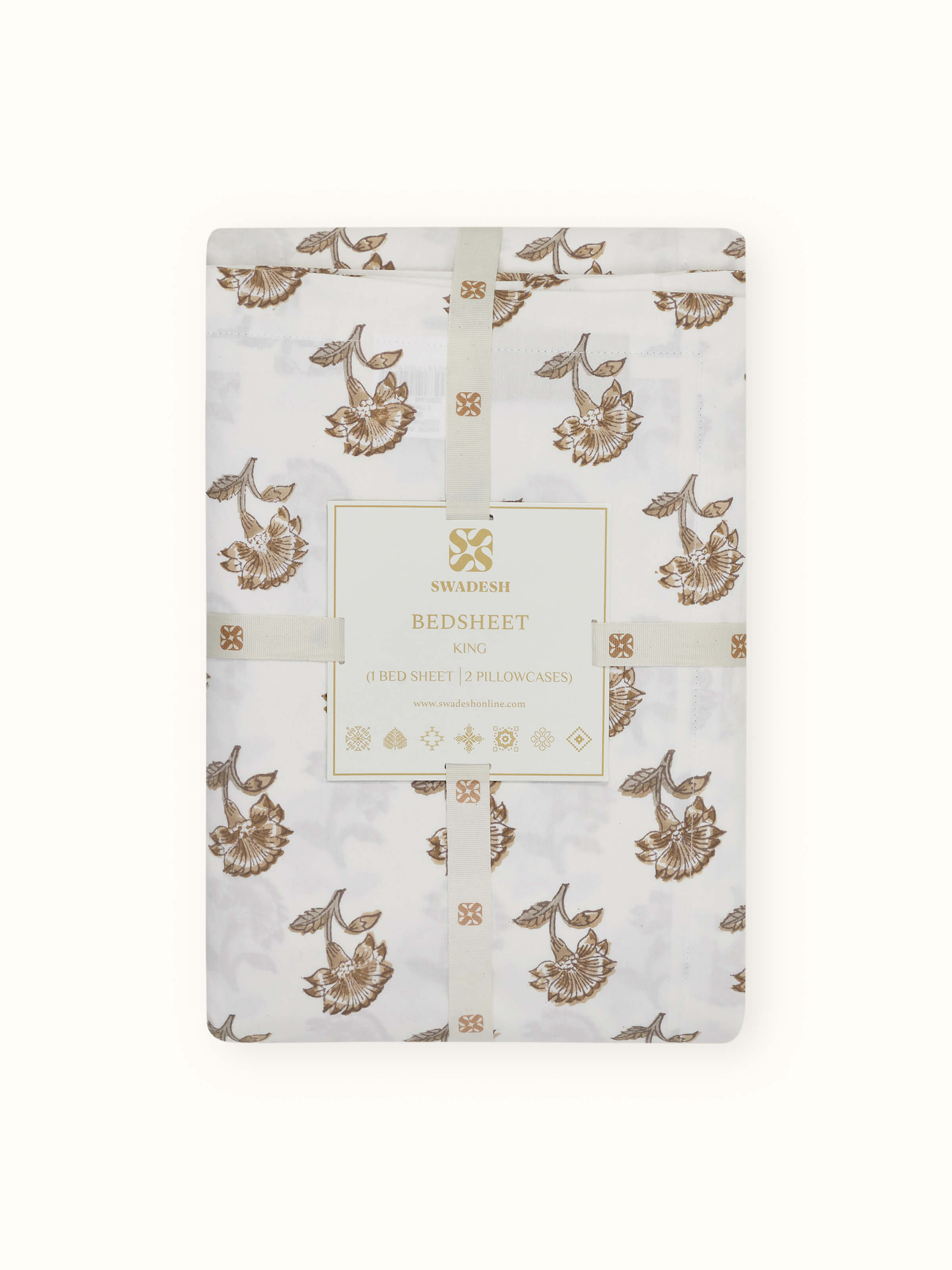 Image of Aarunya Beige Floral Cotton Sanganeri Block Printed King Bedsheet Set, showcasing the bedsheet and pillow covers in a room setting.