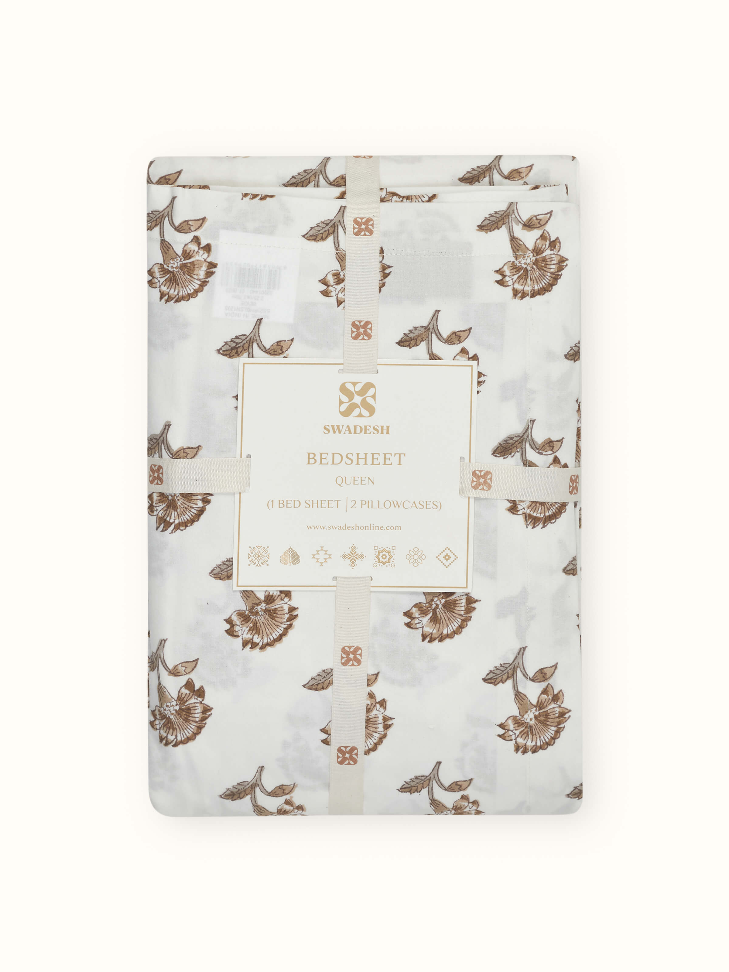 Perspective view of Aarunya beige floral cotton Sanganeri block printed queen bedsheet set (3 pcs) highlighting the full floral design and color.