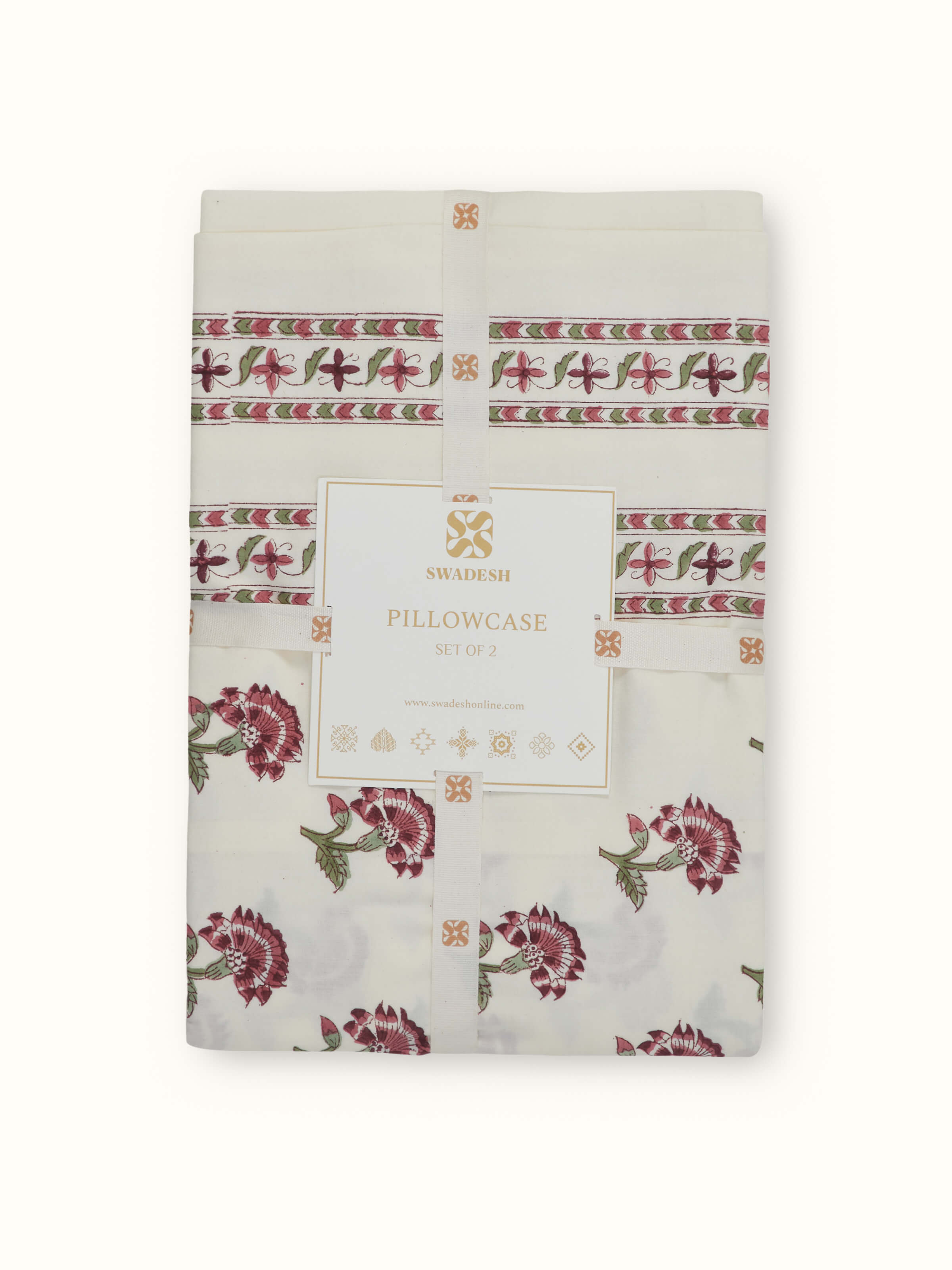 Side view of Aarunya Red Stripe Sanganeri block printed pillow cases showing the fabric drape and stripe design