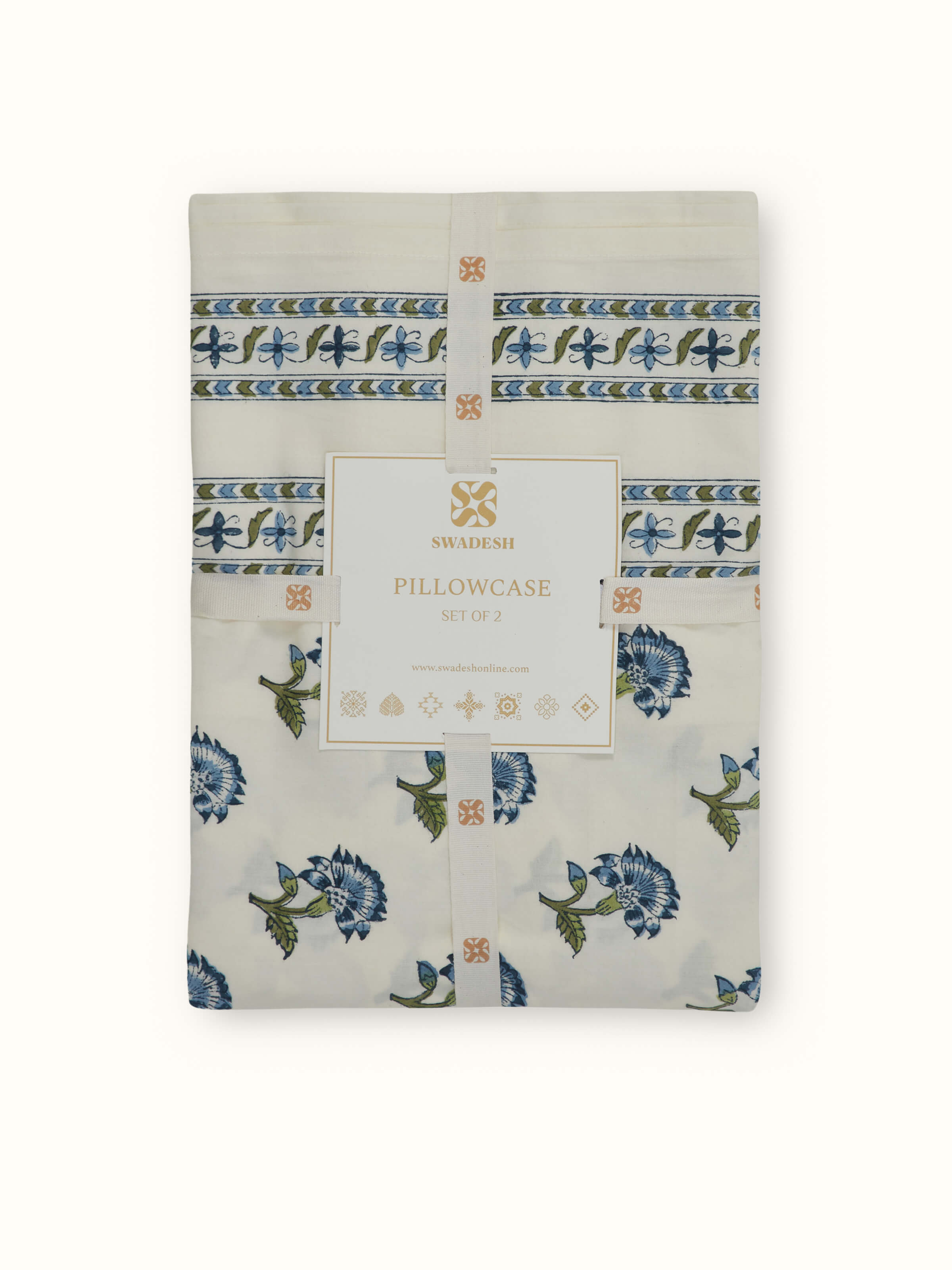 Front view of Aarunya Blue Buti Cotton Sanganeri Block Printed Pillow Cases (2 pcs) featuring the full pattern and texture.