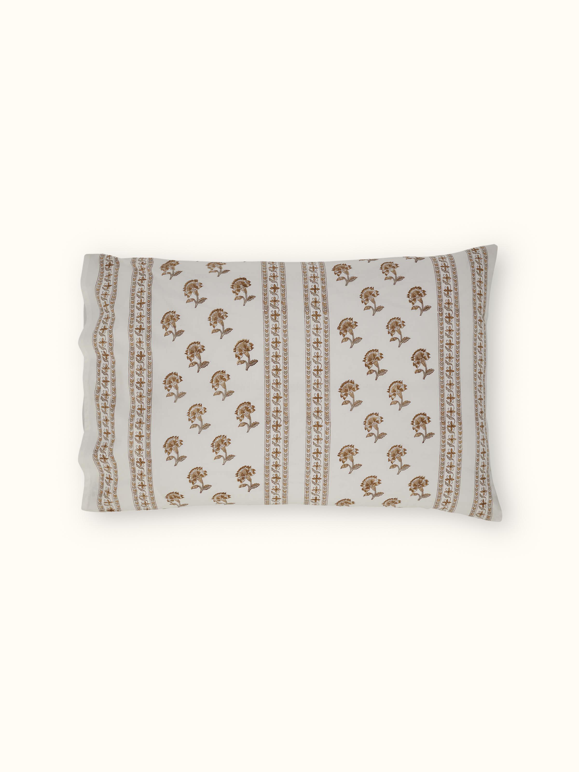 Detailed view of Aarunya beige buti cotton pillow cases with Sanganeri block print and soft fabric texture