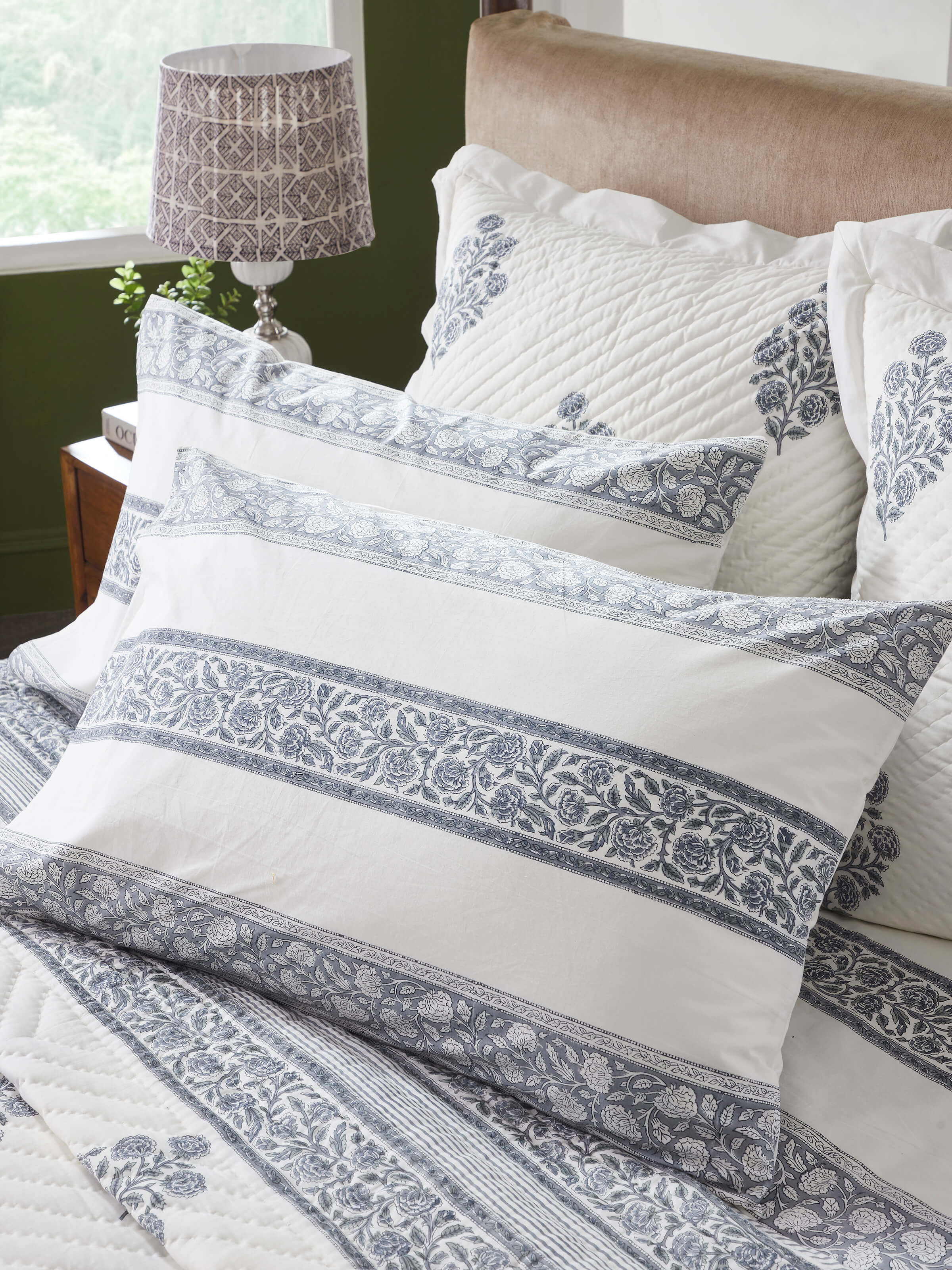 Close-up of Saha Grey Buta Cotton Sanganeri Block Printed Pillow Cases (2 pcs), highlighting the block-printed design and texture.