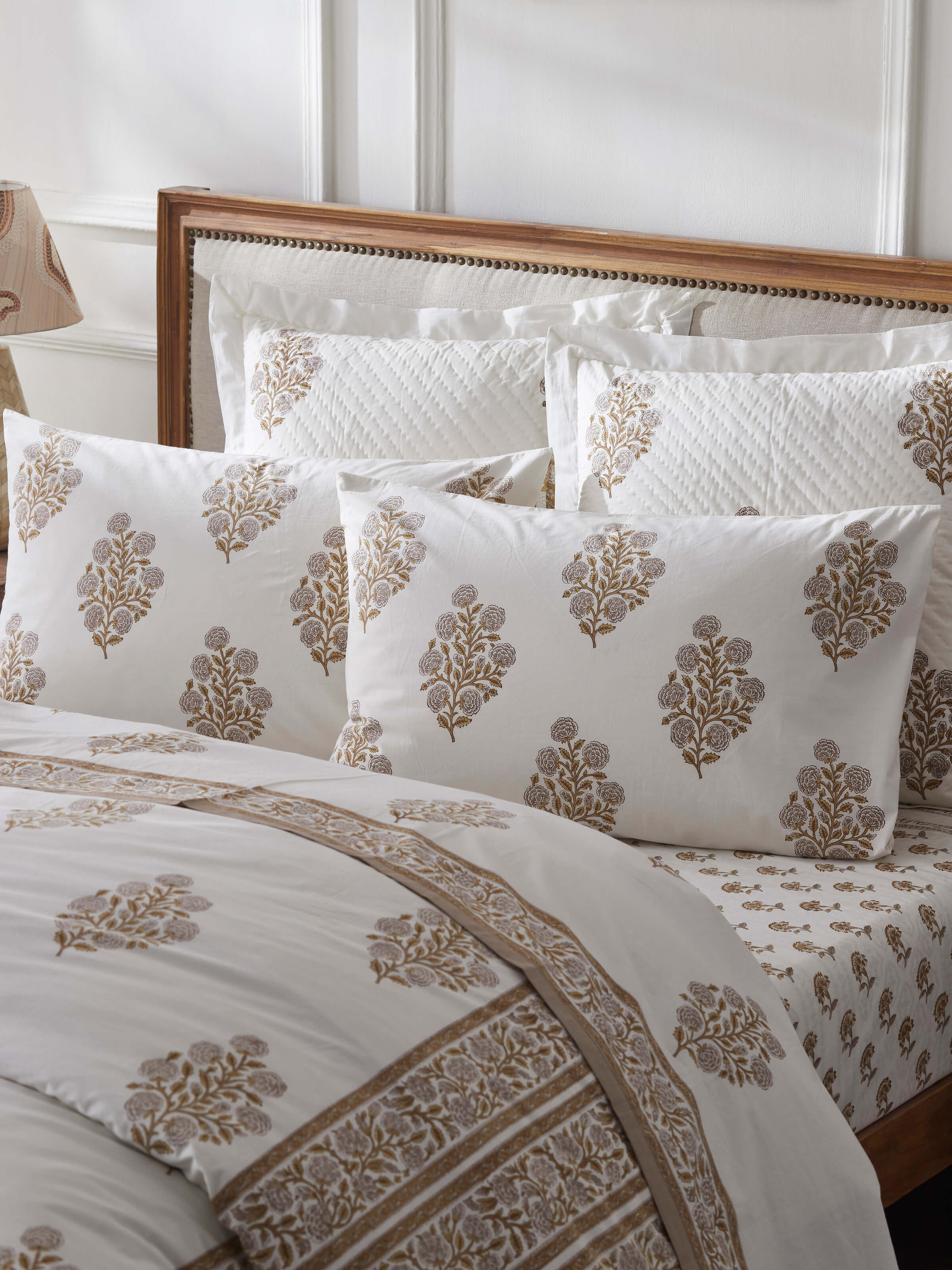 Close-up of Saha brown buta cotton Sanganeri block printed pillow cases (2 pcs), highlighting the intricate block print details and cotton fabric.