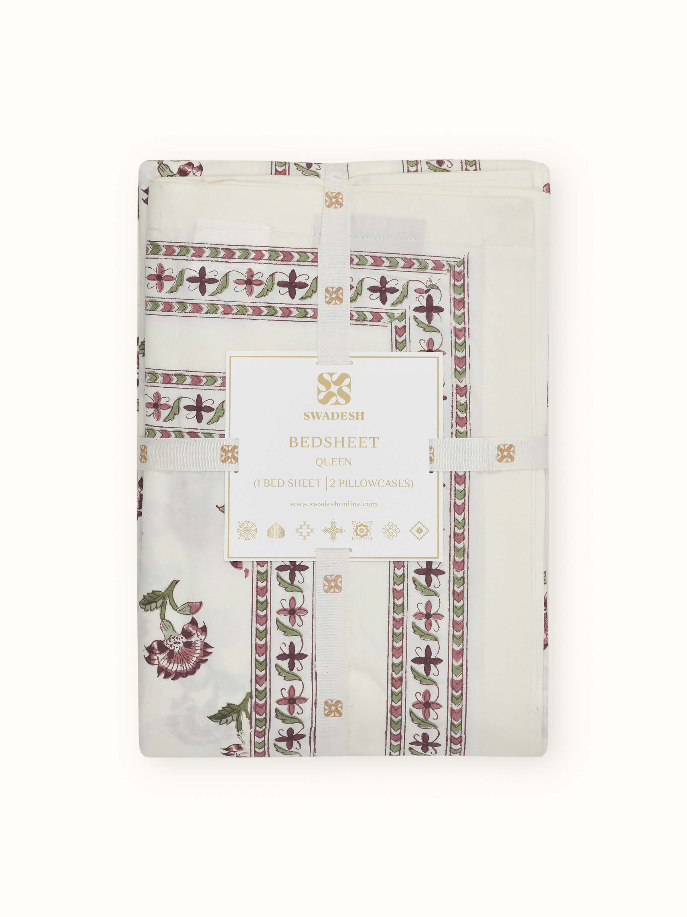 Full set of Aarunya red buti cotton Sanganeri block printed queen bedsheet set (3 pcs) showing the bedspread, pillow shams, and print details.