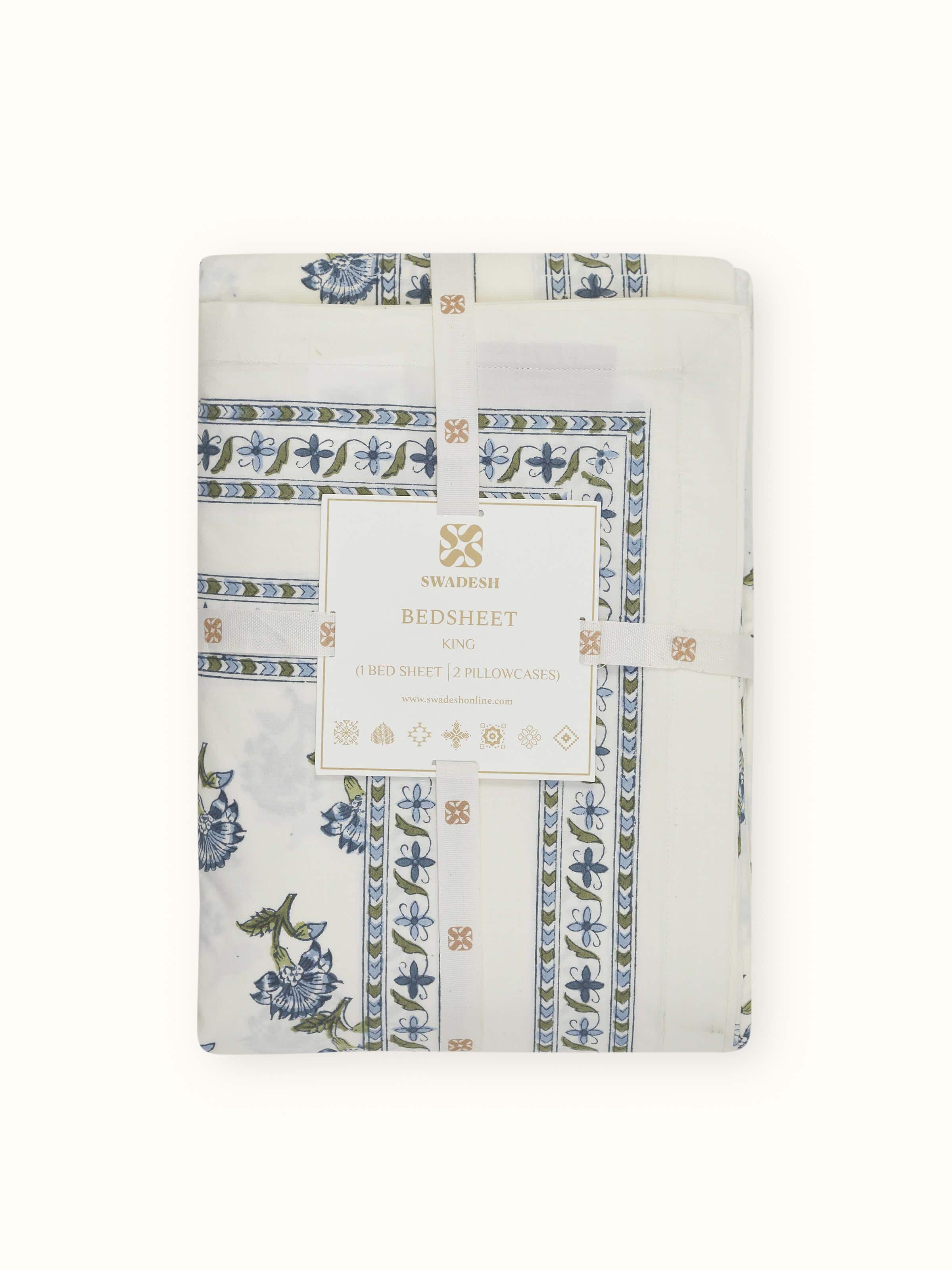 Back view of Aarunya blue buti cotton king bedsheet set with Sanganeri block print, focusing on the bedsheet's design and texture