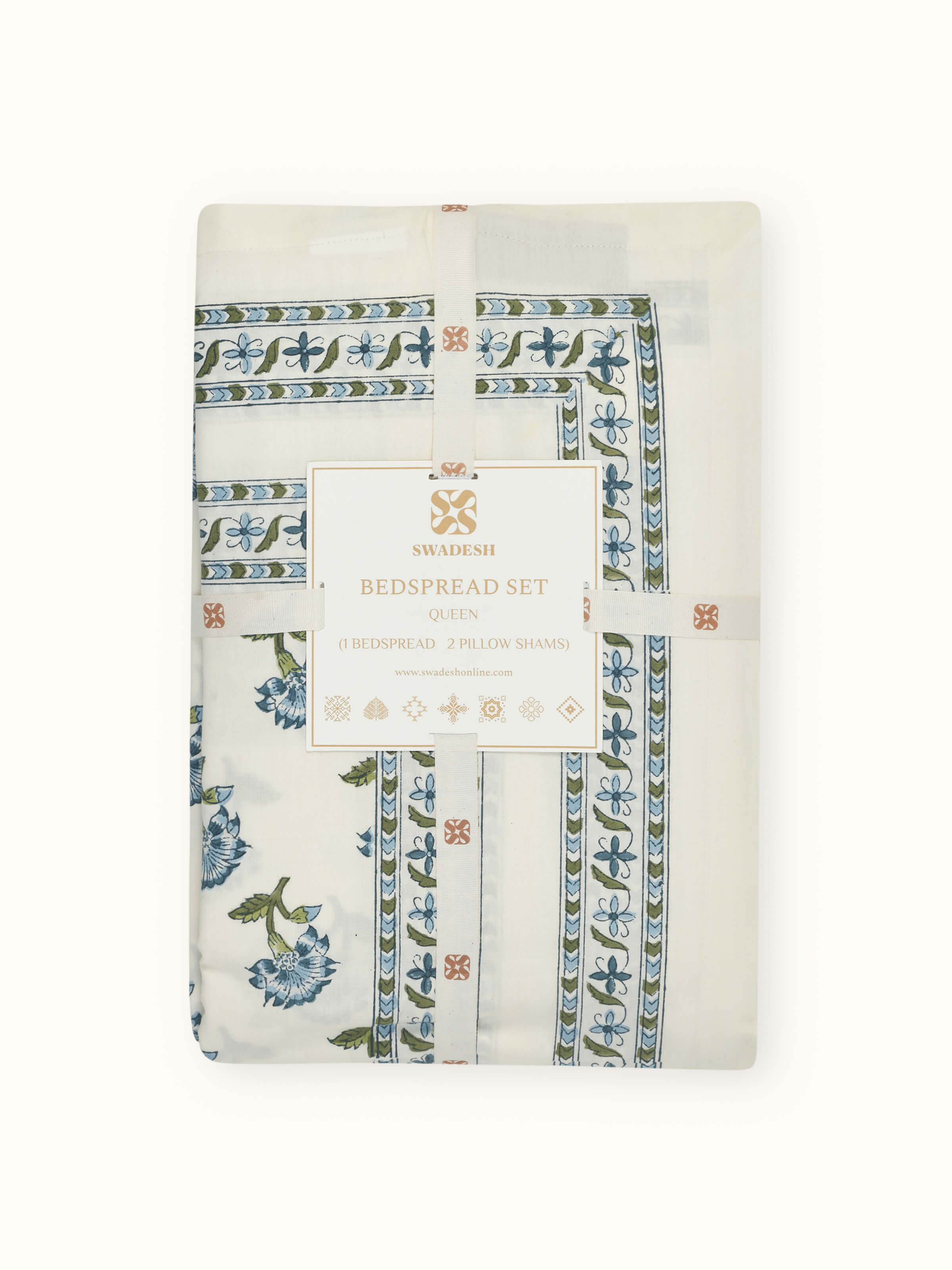 Front view of Aarunya Blue Buti Cotton Sanganeri Block Printed Queen Bedsheet Set (3 pcs) displaying the full bedsheet set layout and pattern.