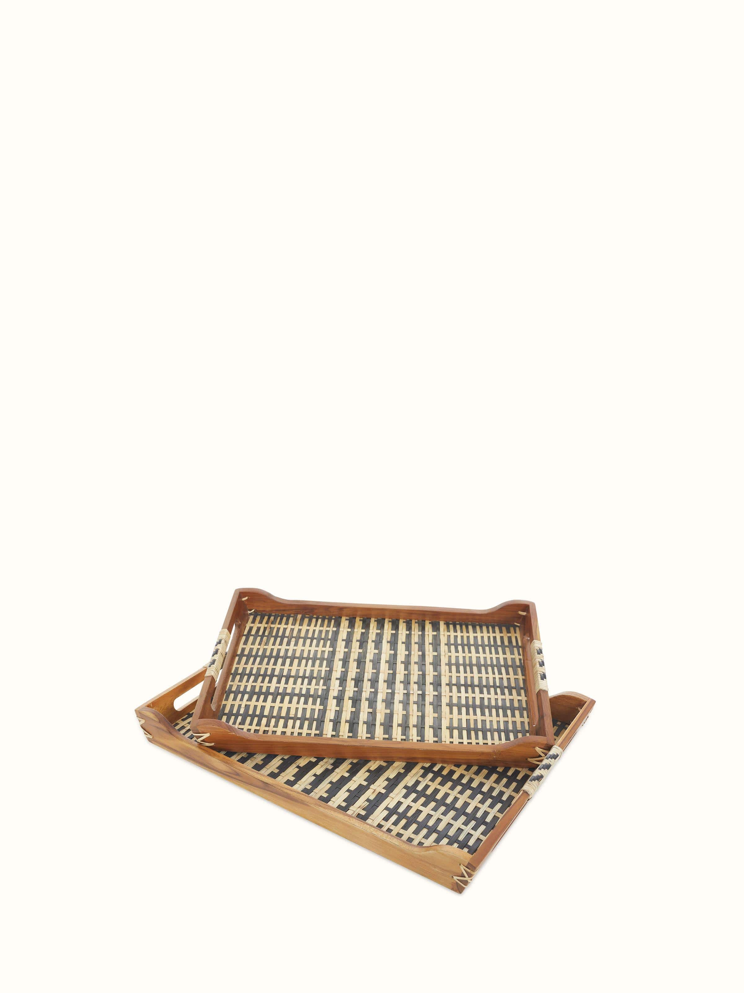 Front view of natural bamboo & teak wood decorative tray showcasing its elegant design and natural wood finish