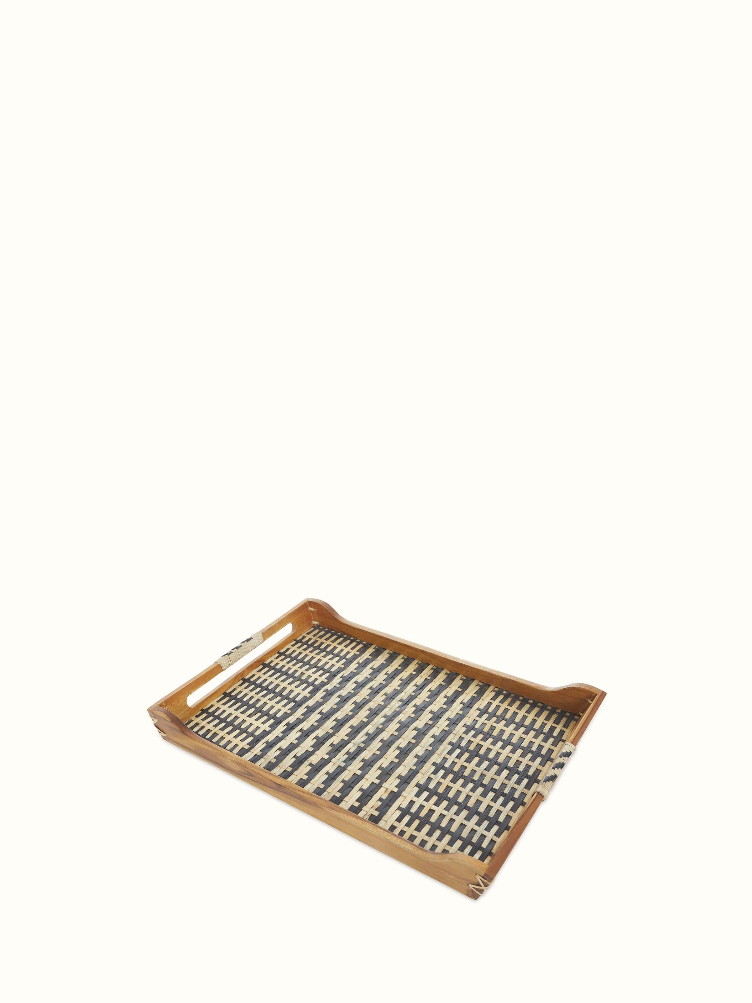 Detailed close-up of natural bamboo & teak wood decorative tray showing the wood grain and finish