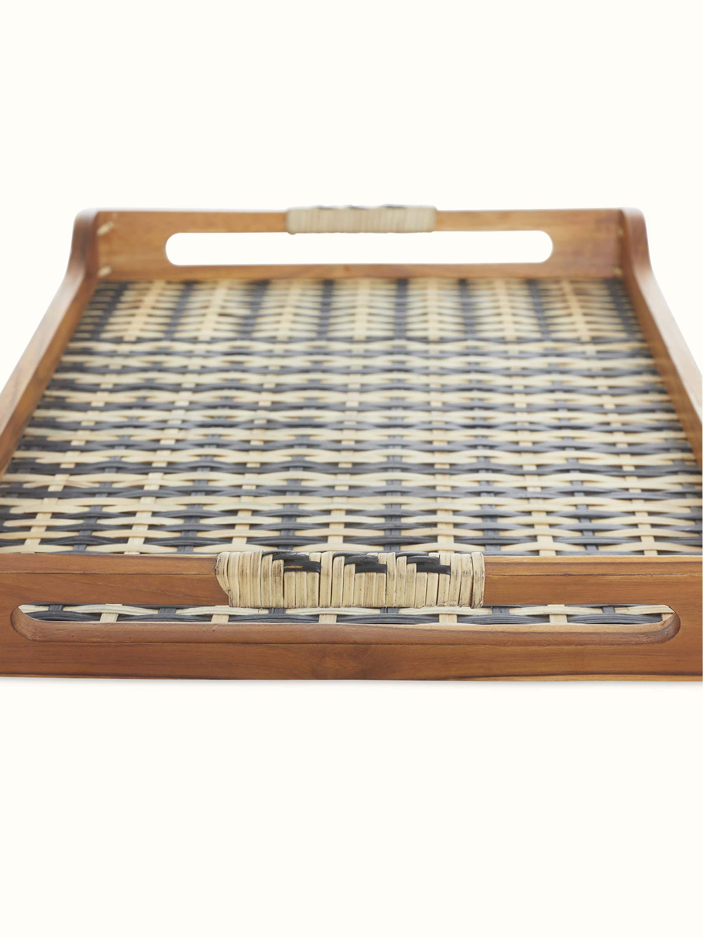 Top view of natural bamboo & teak wood decorative tray showcasing its elegant design and practical use