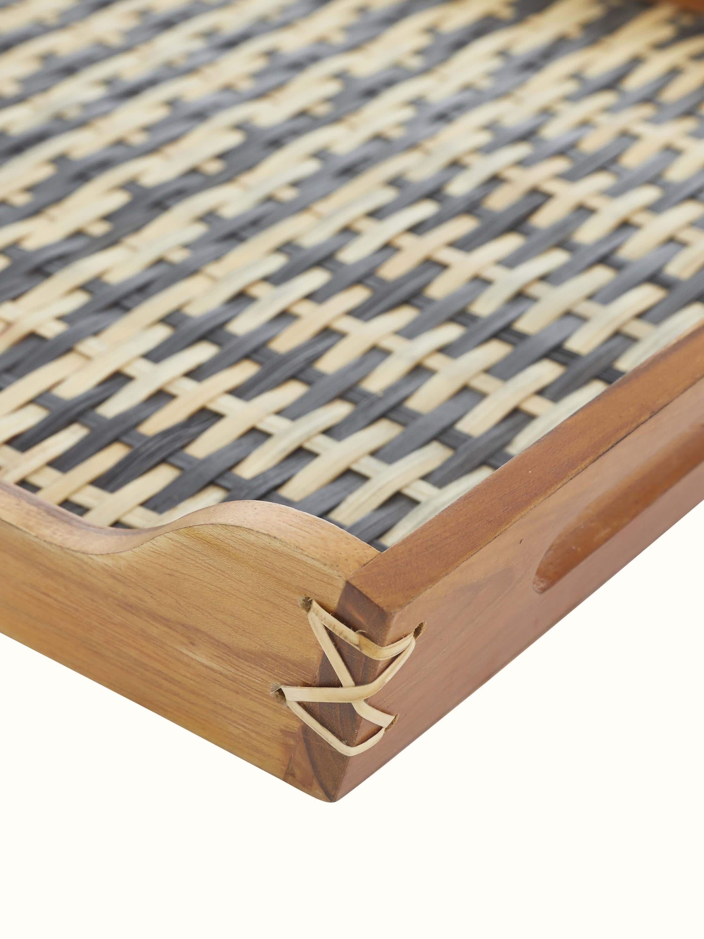 Detailed view of natural bamboo & teak wood decorative tray emphasizing the craftsmanship and design