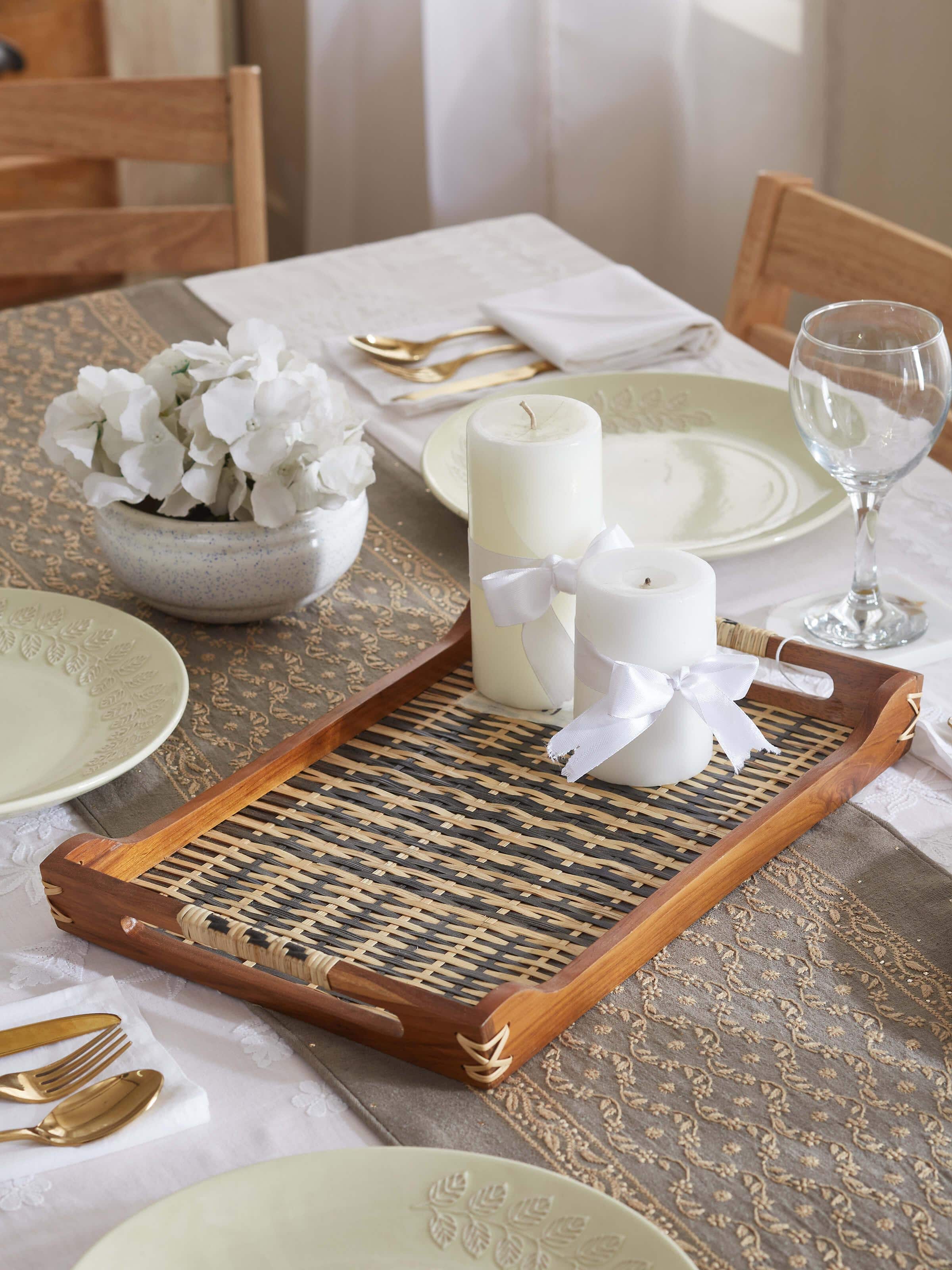 Top view of bamboo and teak wood decorative tray, emphasizing the unique wood patterns and design.