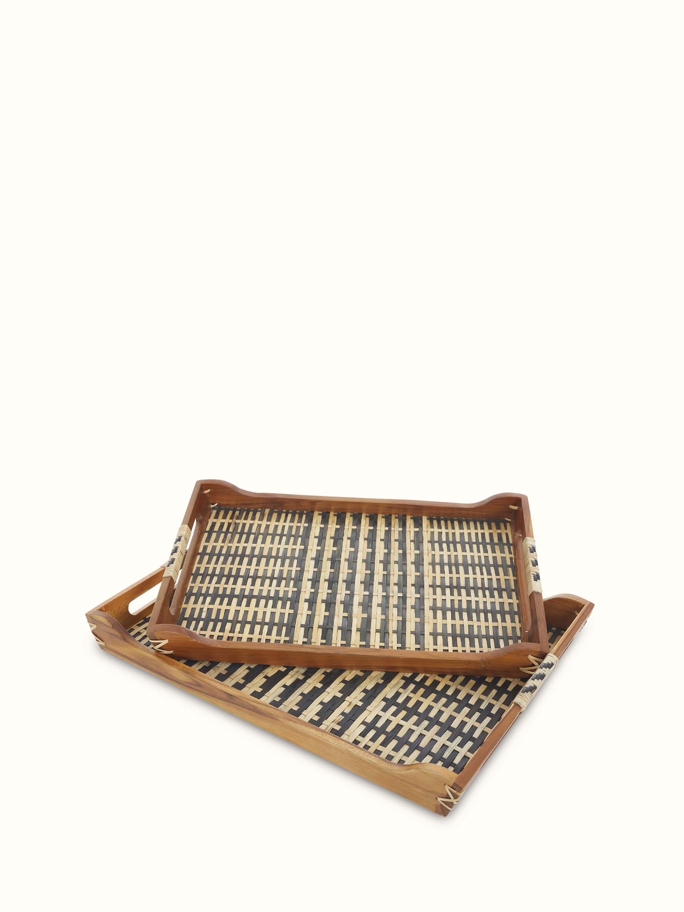 Side view of bamboo and teak wood decorative tray, showing the smooth finish and intricate woodwork.