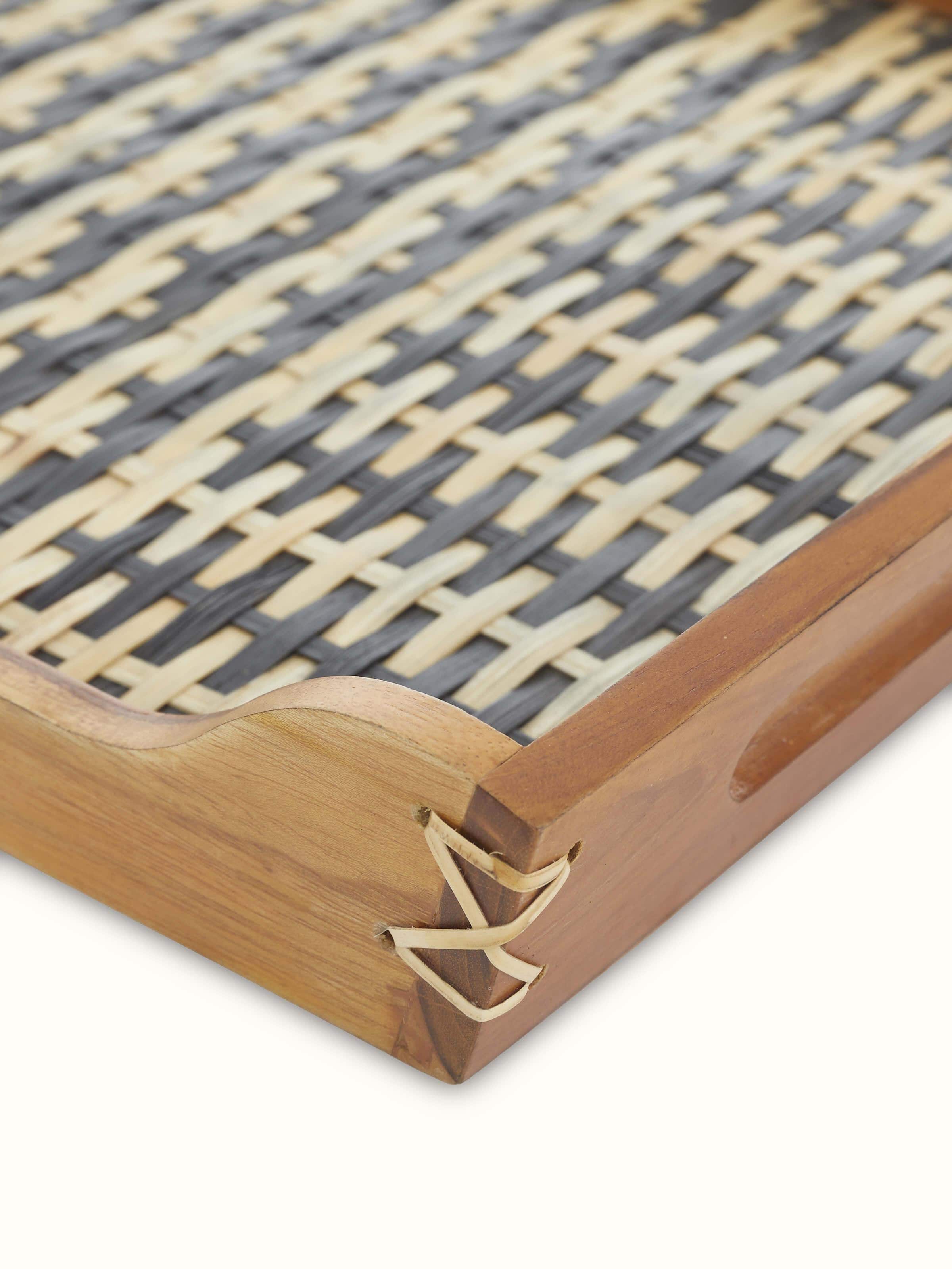 Full view of bamboo and teak wood decorative tray, showcasing its elegant design and wood texture.