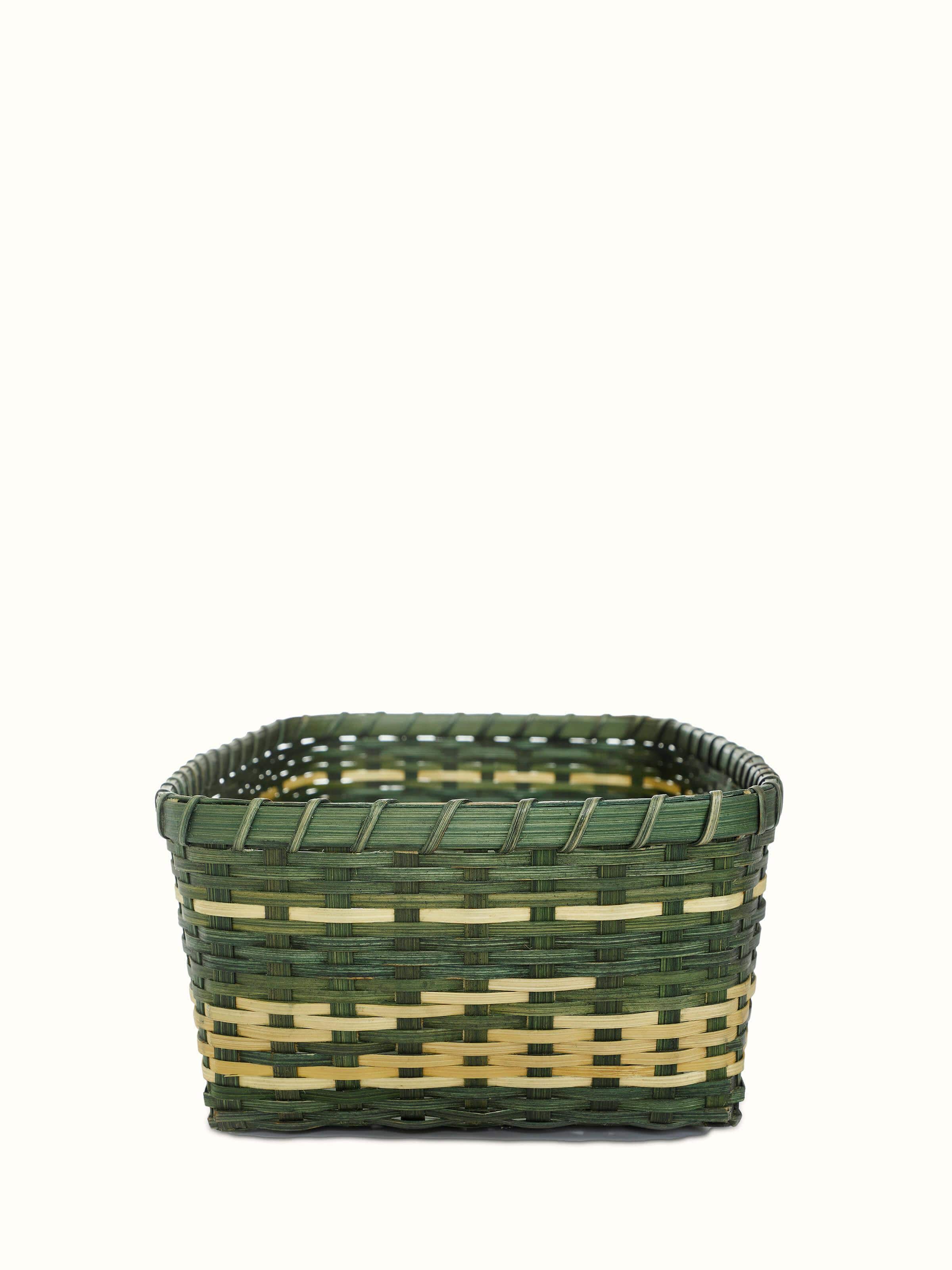 Front view of Bamboo storage organiser in green color showcasing sleek and functional design