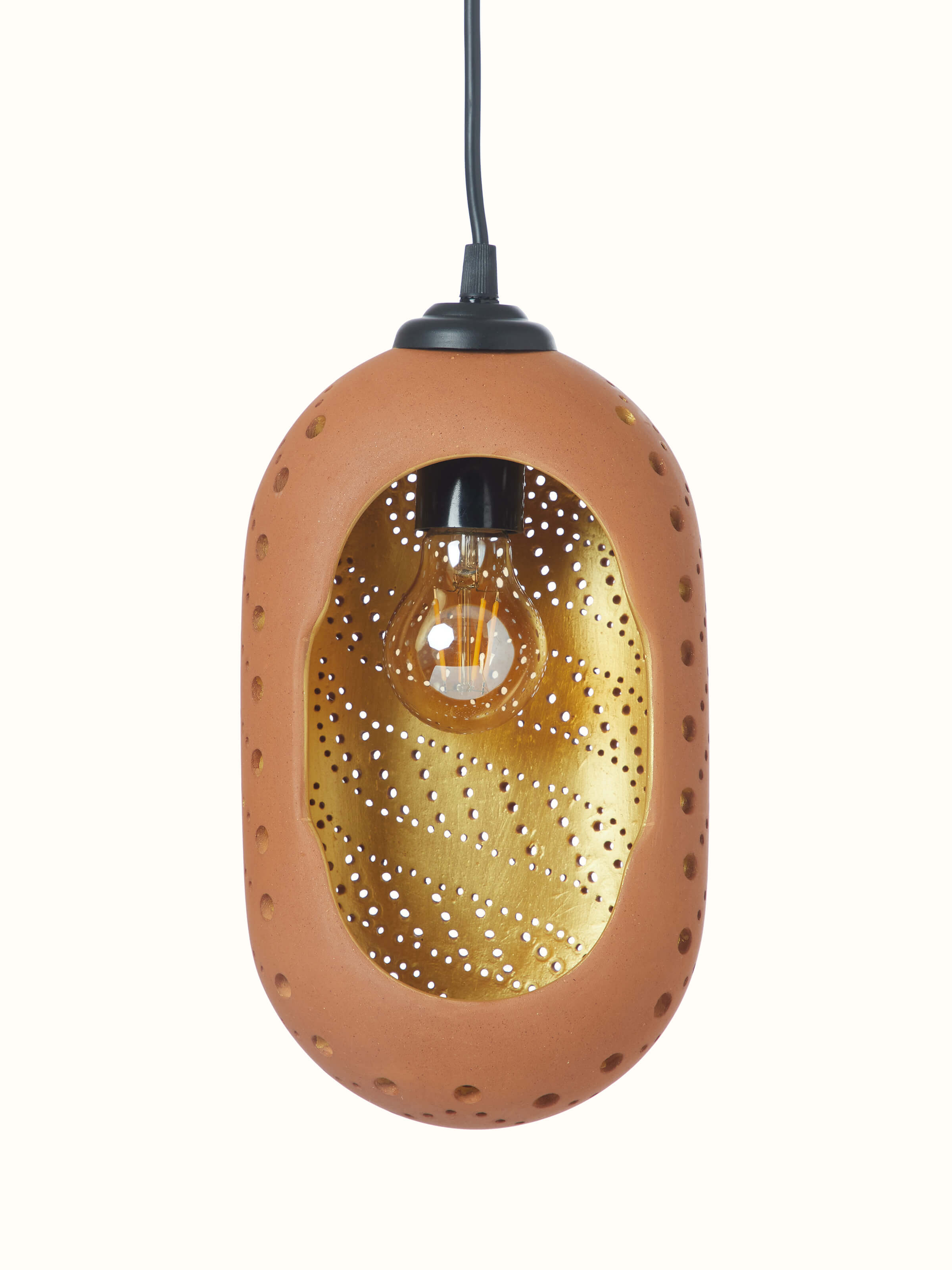 Large terracotta pendant lights (2 pcs) with intricate patterns, showcasing a warm and natural earthy tone.