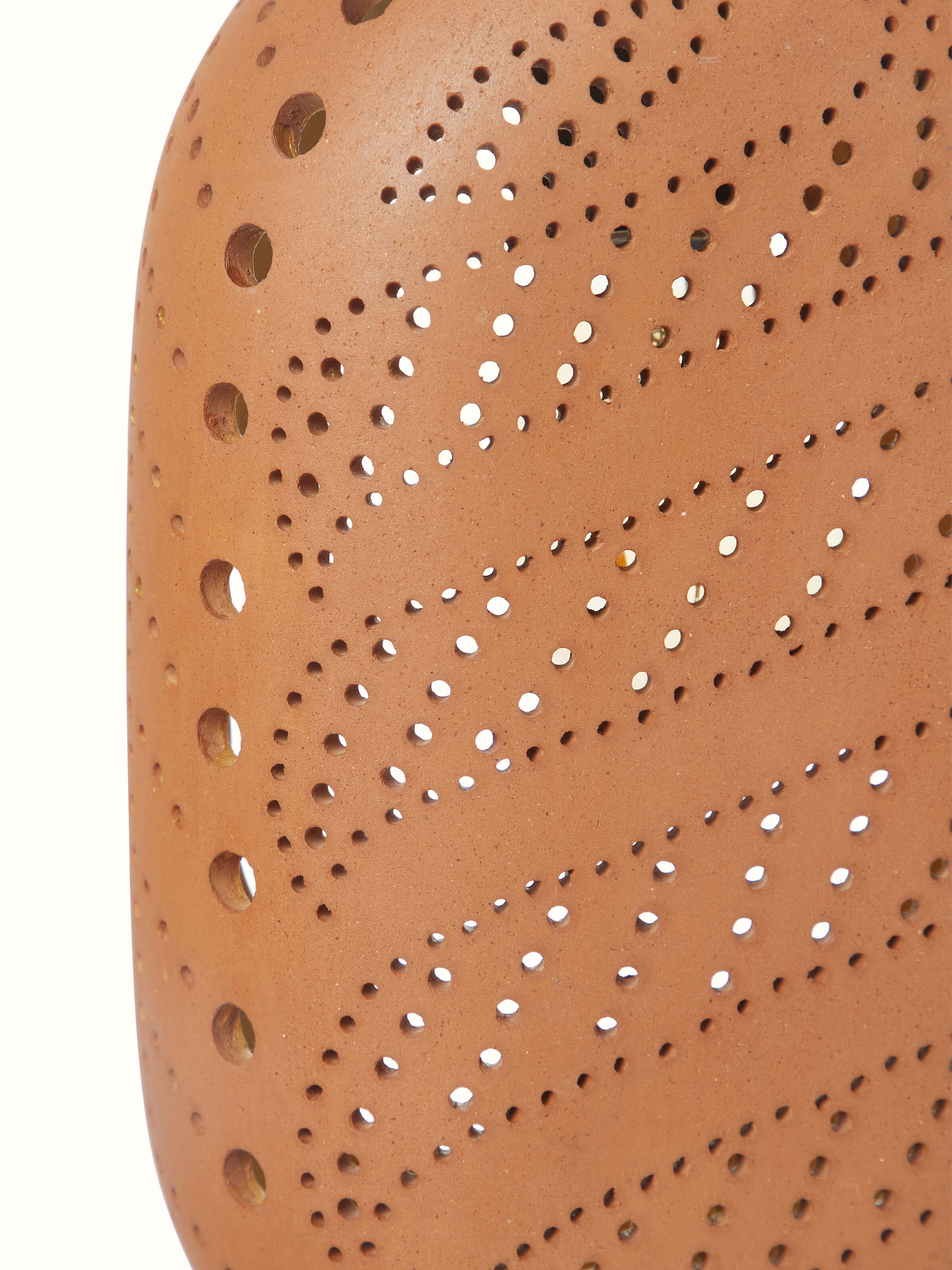 Angled view of large terracotta pendant lights (2 pcs), emphasizing the stylish design and light diffusion.