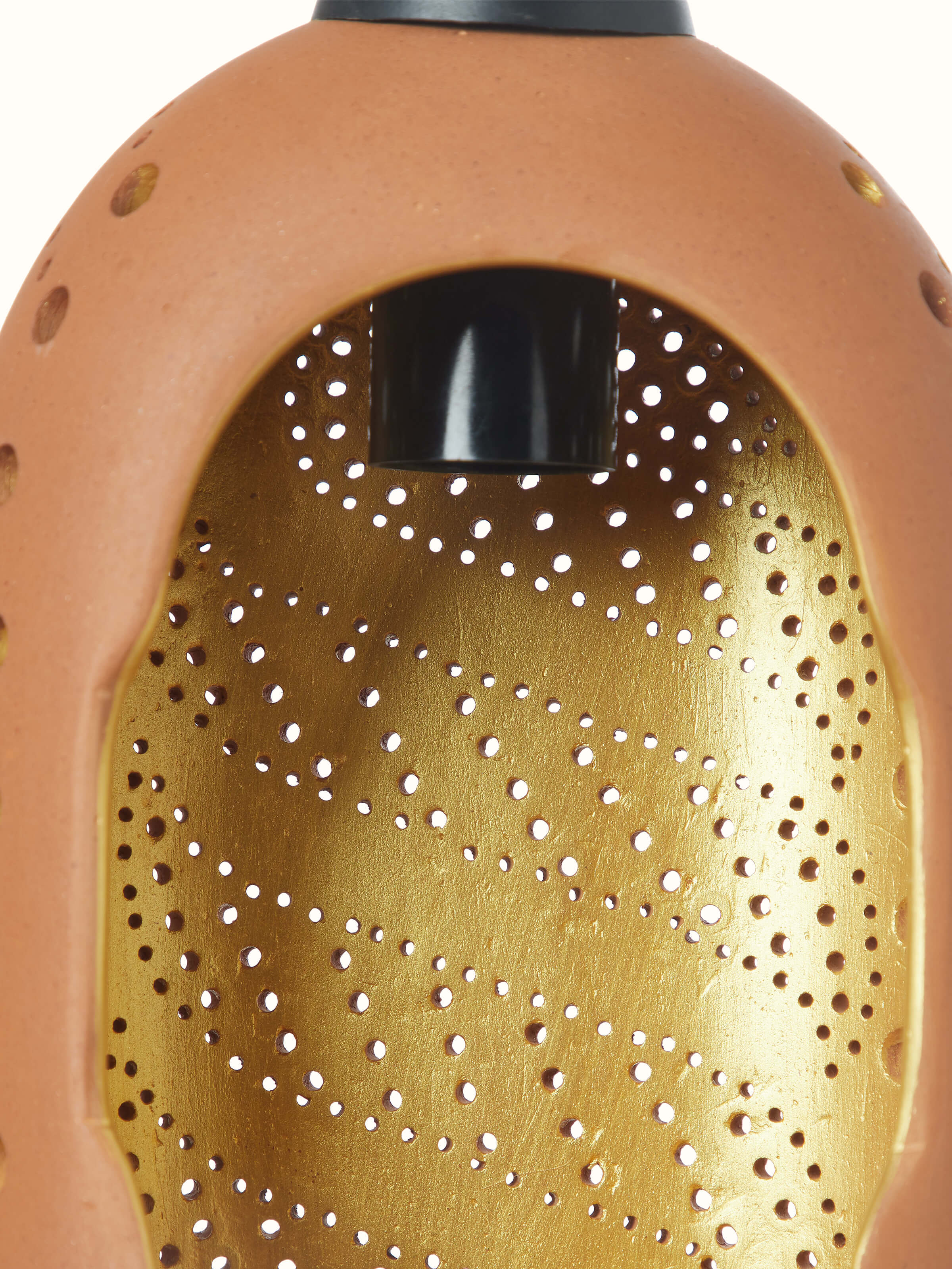 Detailed view of the top of large terracotta pendant lights (2 pcs), focusing on the hanging mechanism and finish.