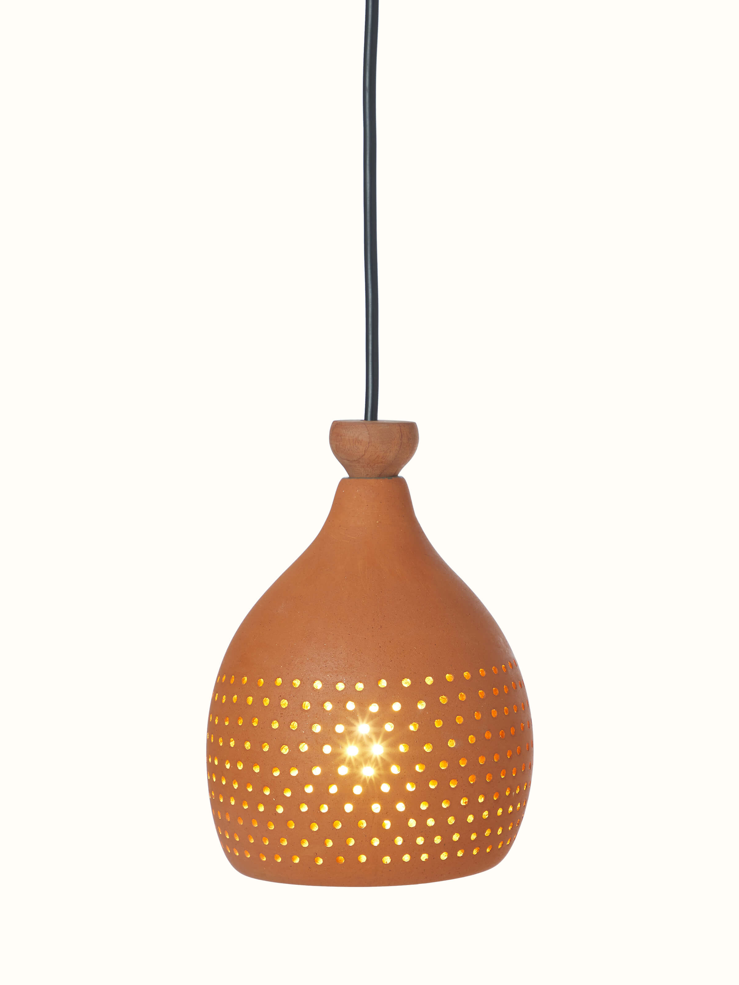 Close-up view of Natural Terracotta Pendant Lights (Small), highlighting the artisanal craftsmanship and finish