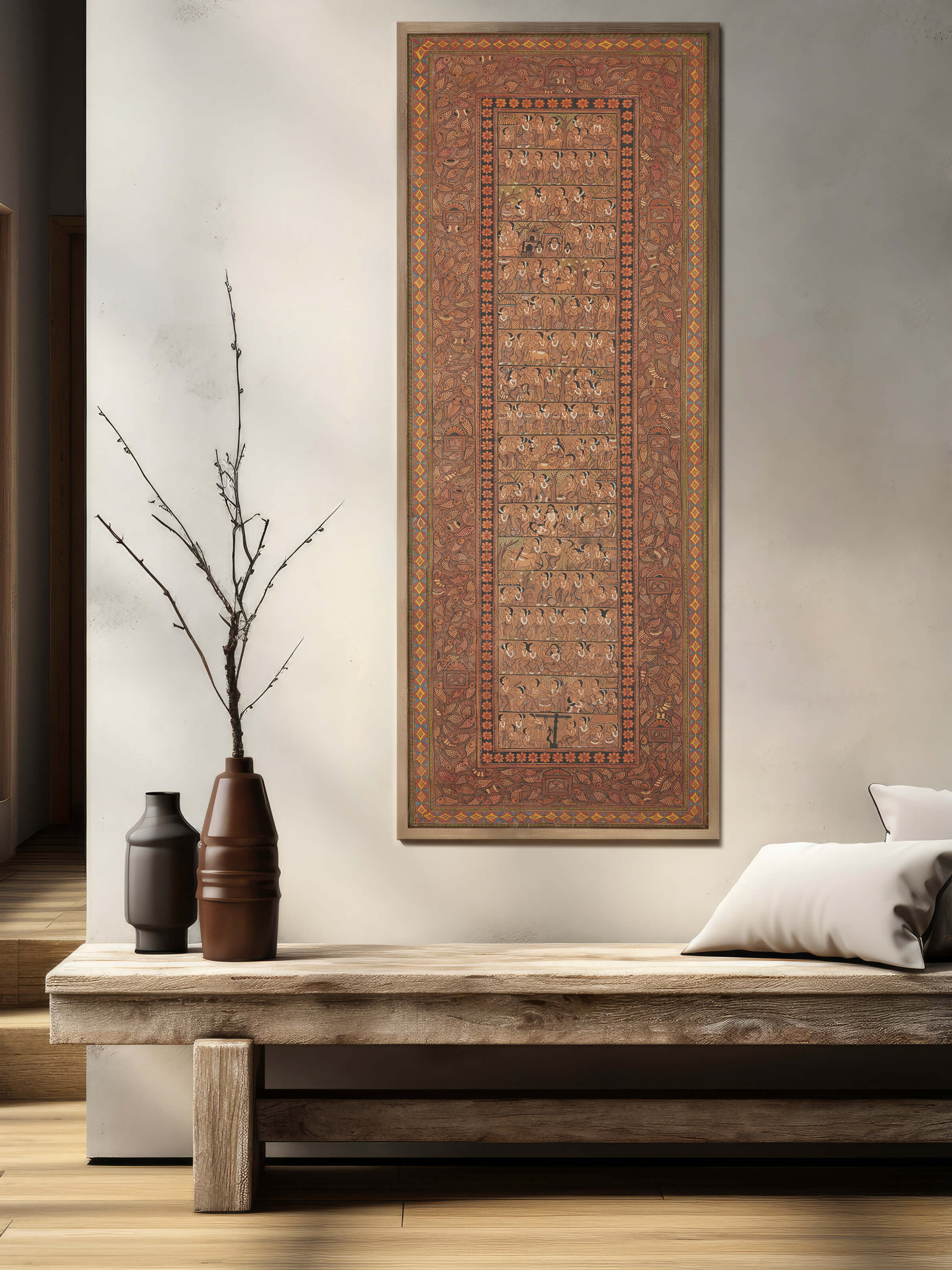 Side view of Pattachitra village life painting highlighting the detailed craftsmanship and cultural elements