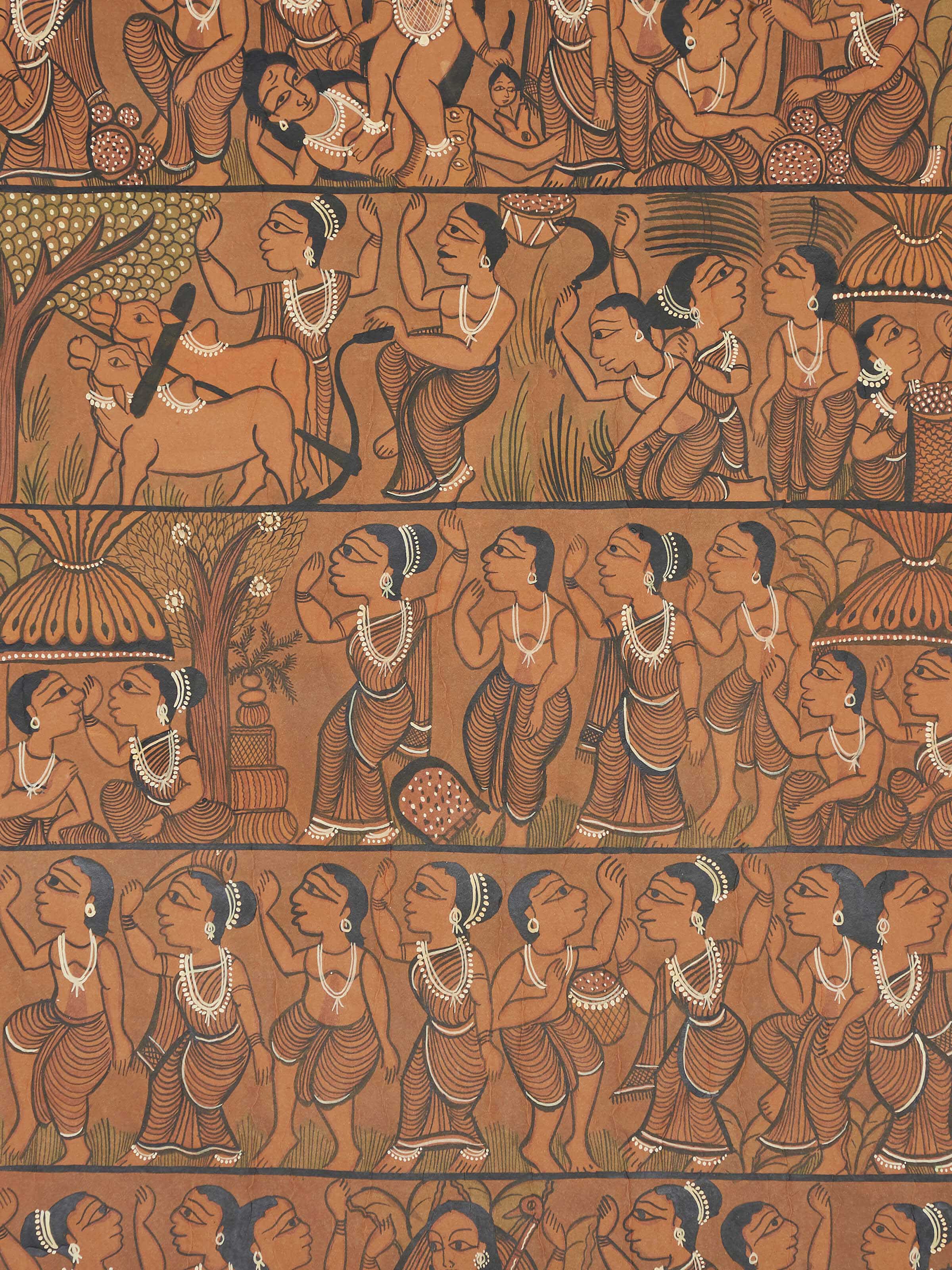 Detailed close-up of Pattachitra village life painting focusing on the intricate patterns and vivid village life depiction