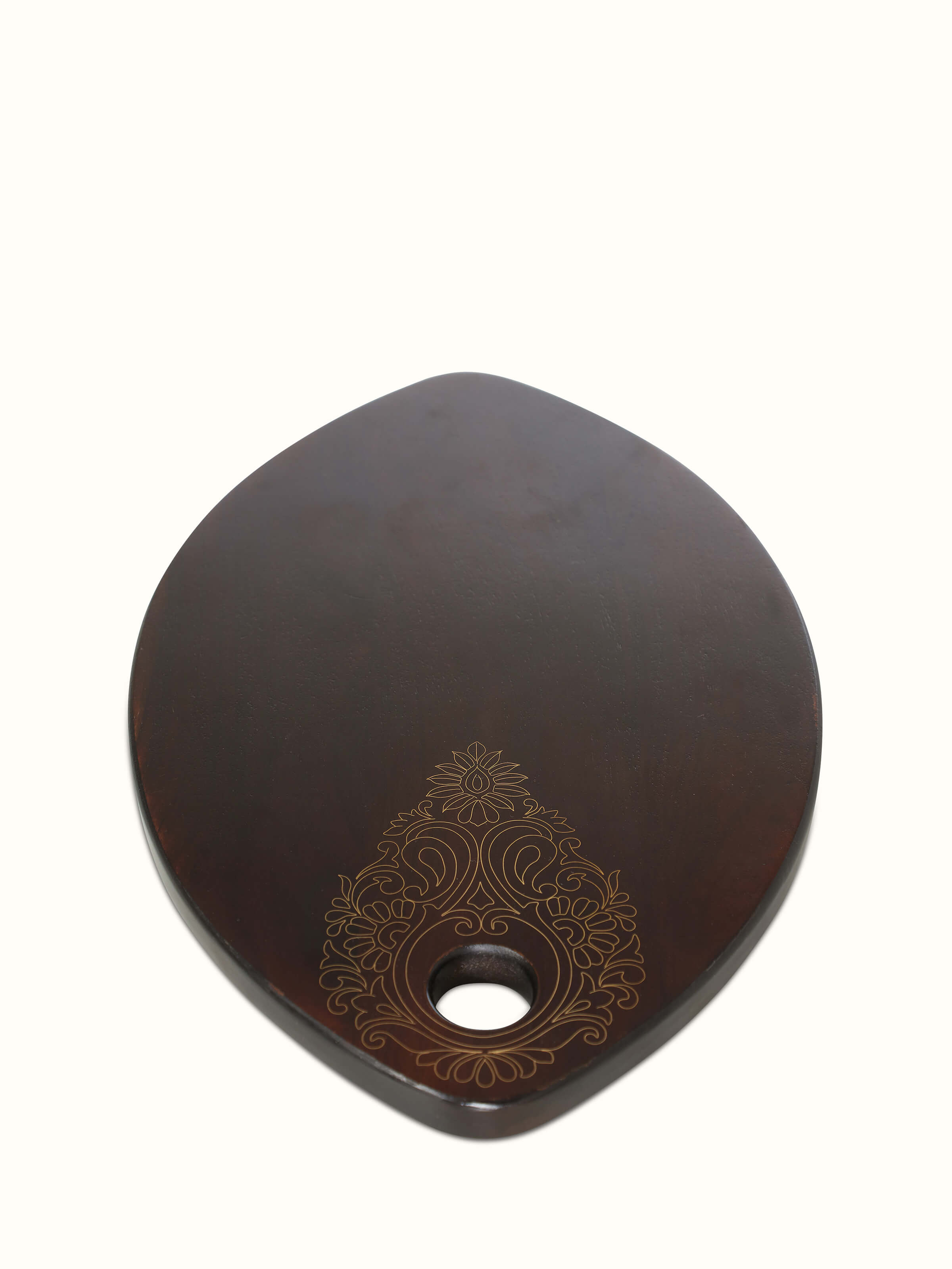 Front view of Tarkashi sheesham wood & brass chopping board highlighting its detailed craftsmanship