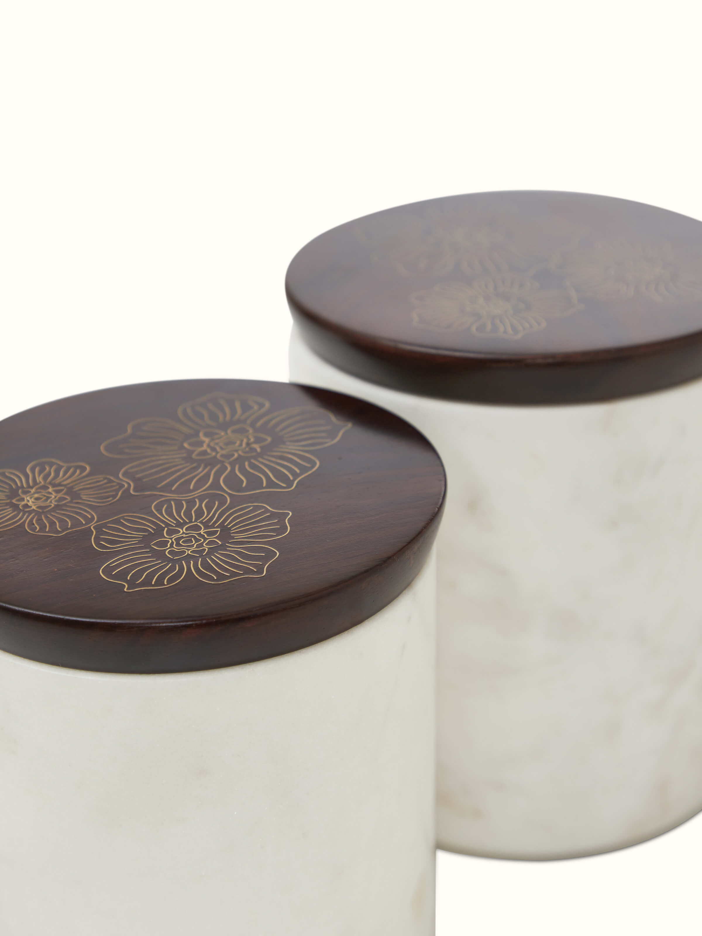 Full view of Tarkashi sheesham wood and brass jars, emphasizing their elegant design and quality.