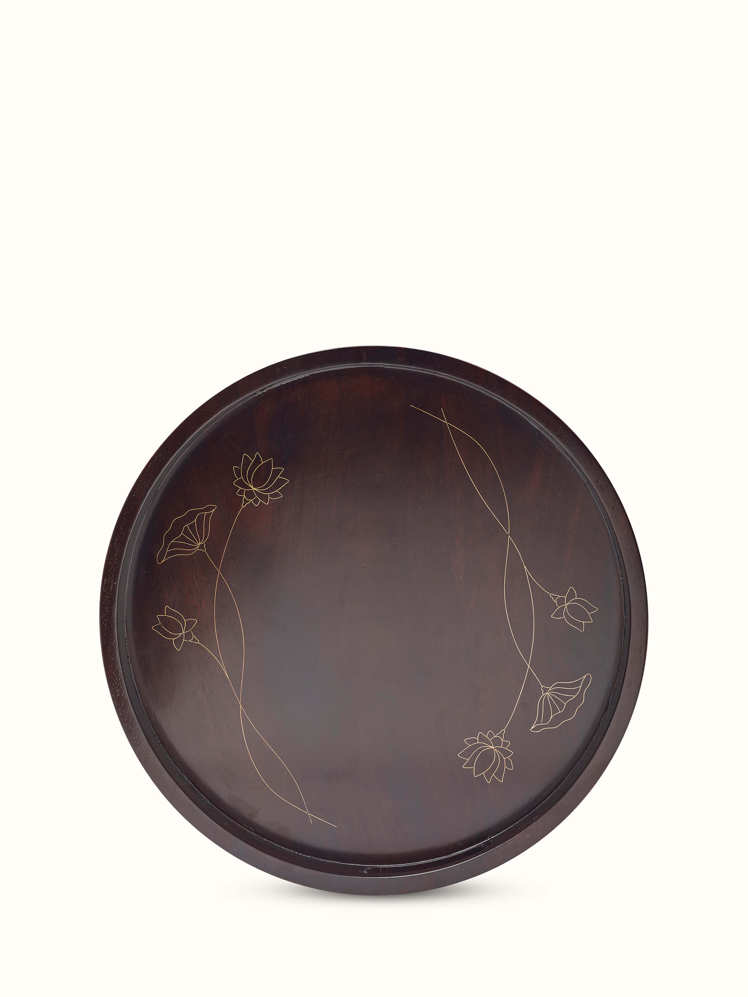 Front view of Tarkashi Sheesham Wood & Brass Tray displaying its rich wood texture and brass inlay.