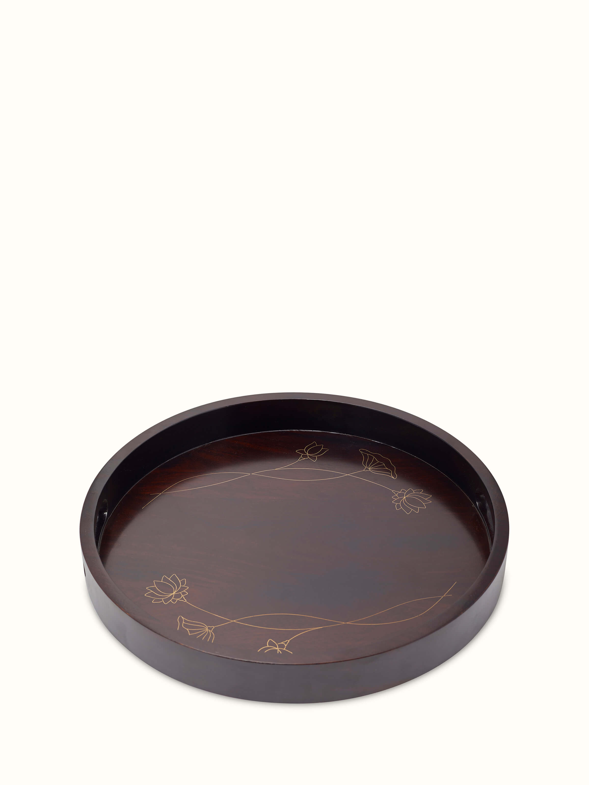 Side view of Tarkashi Sheesham Wood & Brass Tray highlighting its craftsmanship and intricate brass detailing.