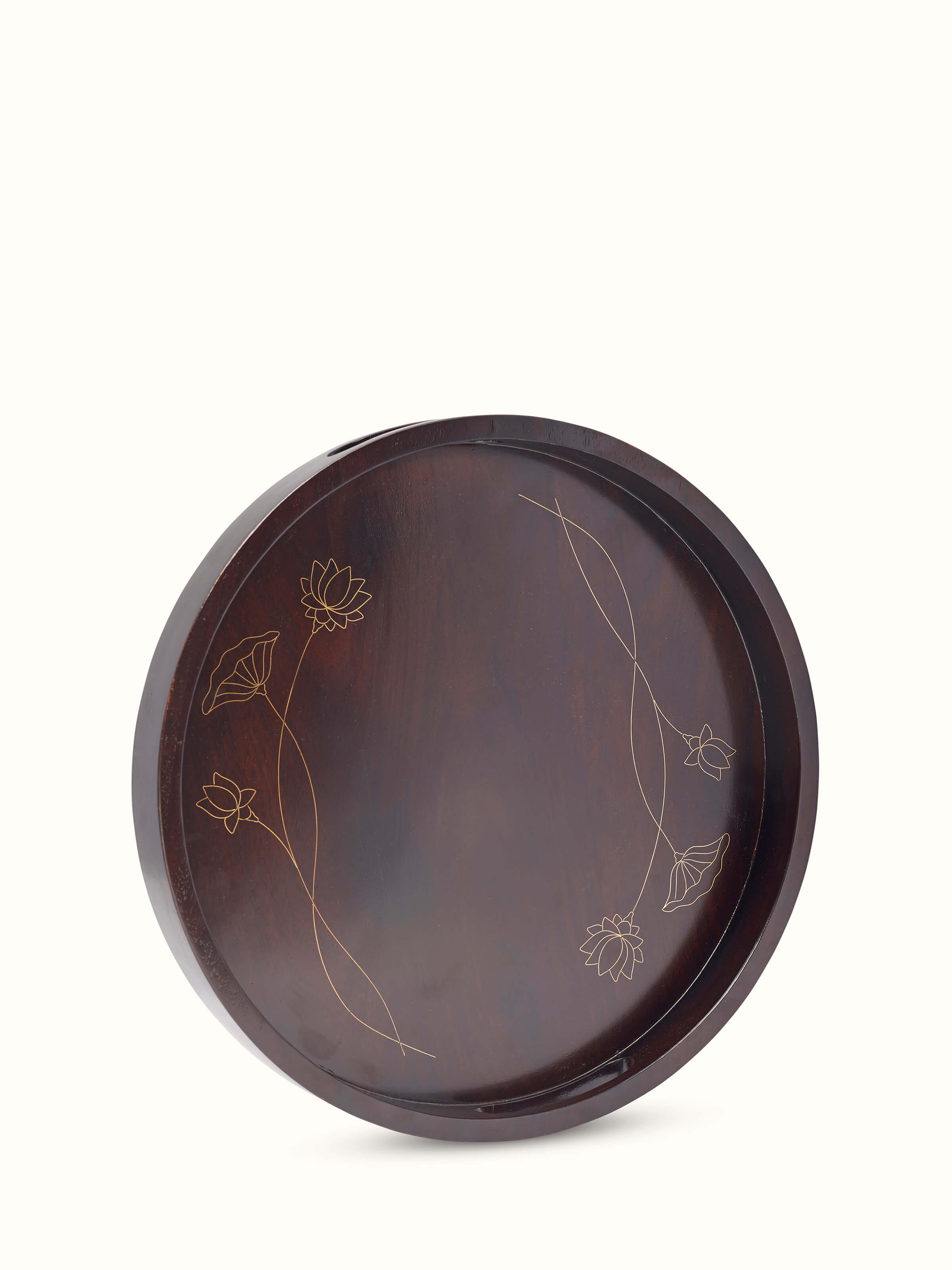 Angled view of Tarkashi Sheesham Wood & Brass Tray highlighting its elegant design and intricate brasswork.