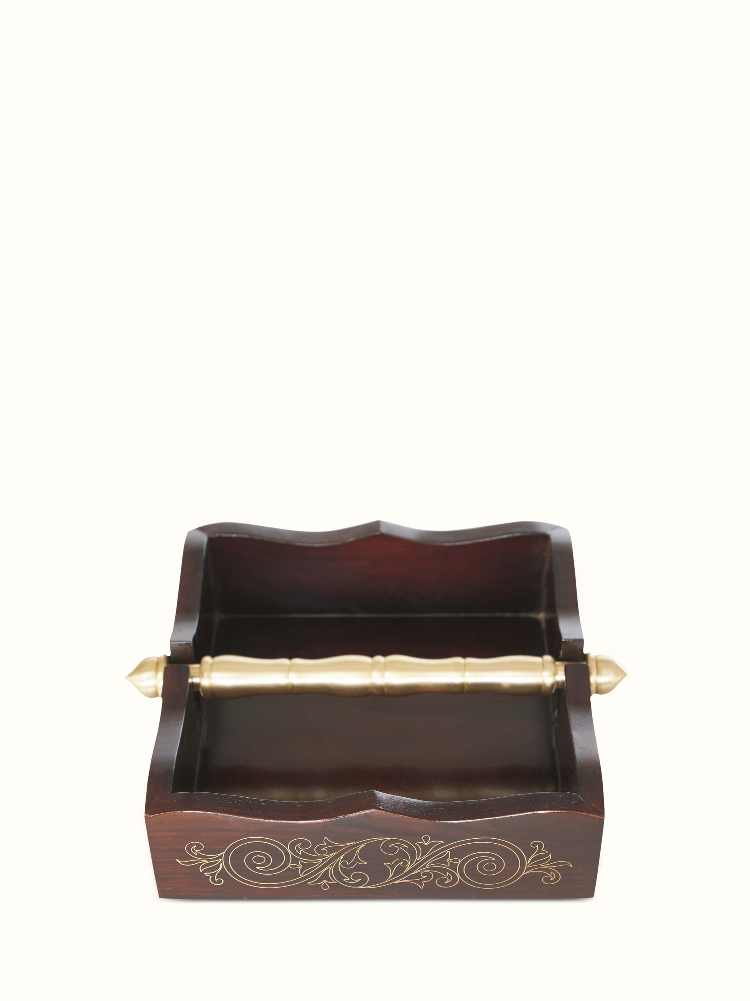 Front view of Tarkashi Sheesham wood & brass napkin holder showcasing intricate Tarkashi work and elegant design