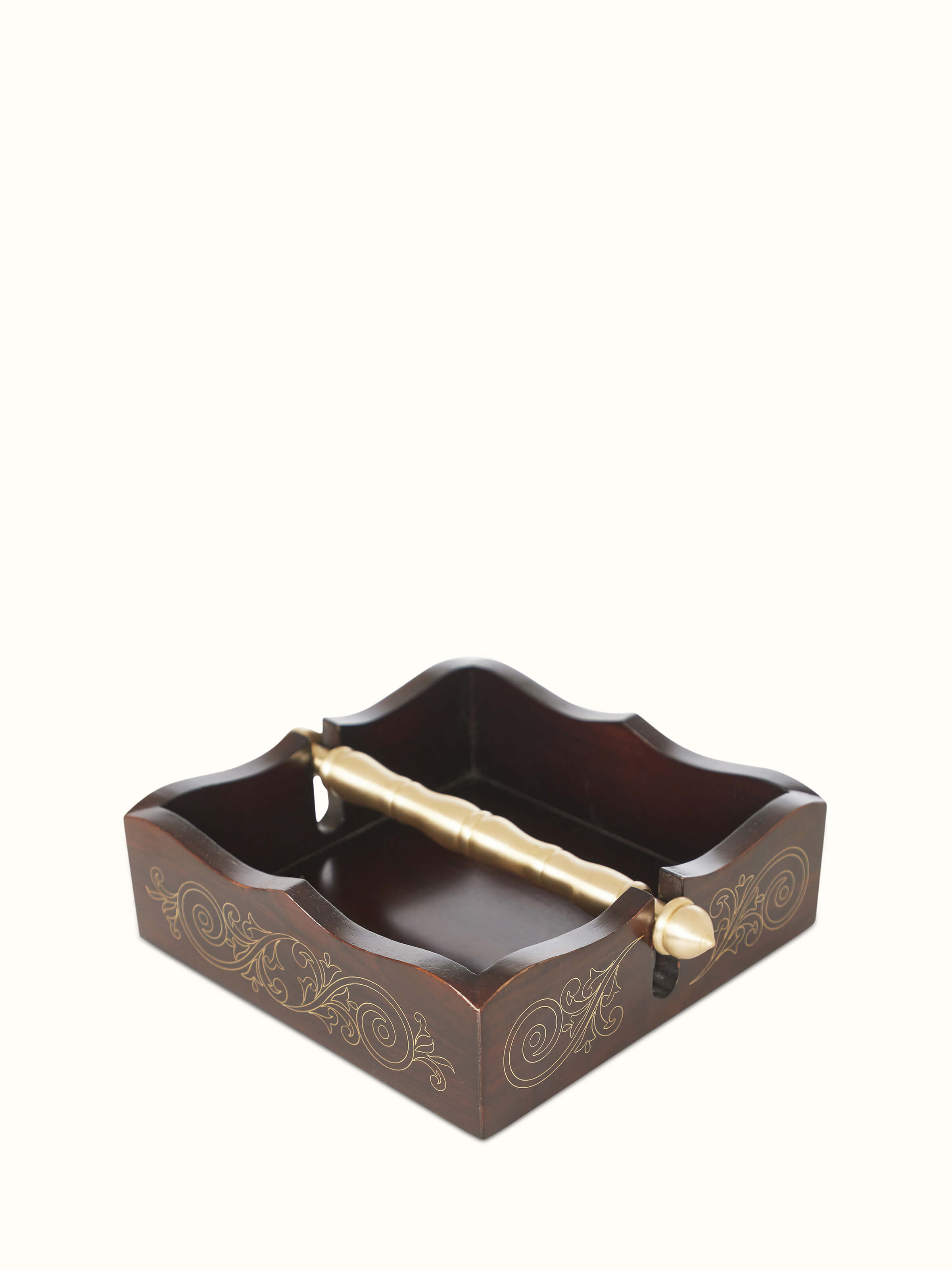 Close-up view of Tarkashi Sheesham wood & brass napkin holder highlighting the fine Tarkashi design and polished finish