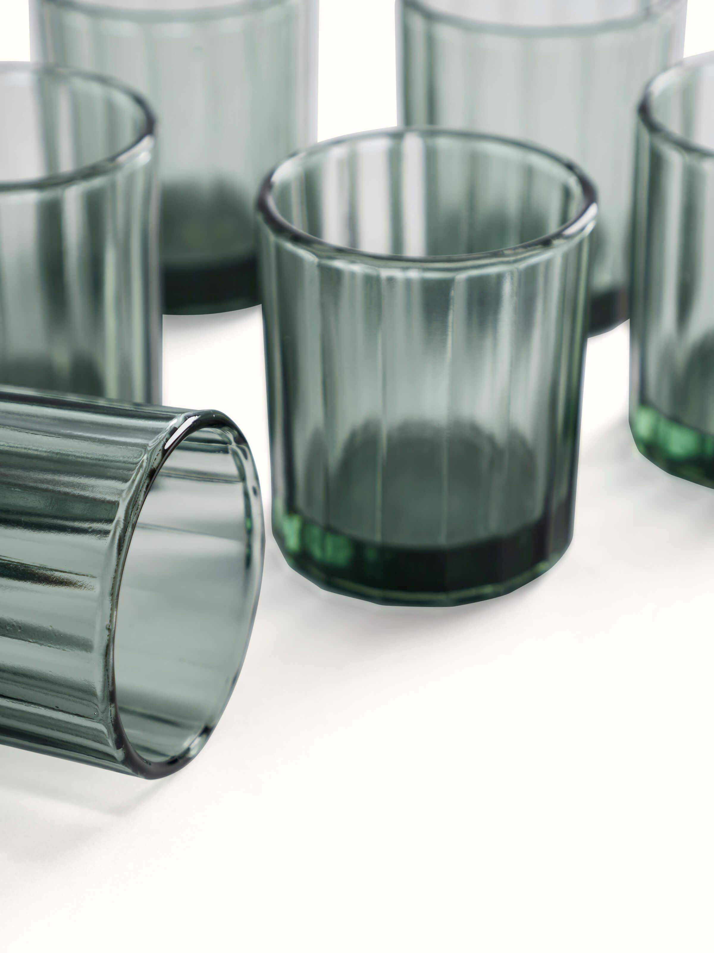 Angled view of Firozabadi glass work whiskey glasses set (6 pcs) highlighting the sophisticated glasswork and stylish details