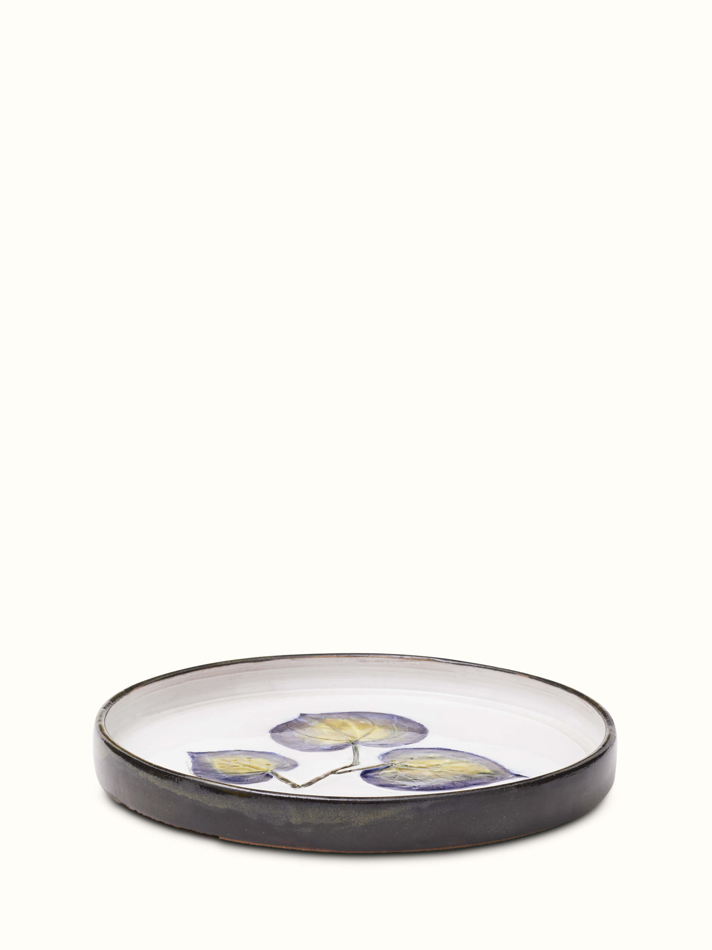 Close-up view of Glazed studio pottery ceramic dinner plate showcasing detailed glaze and pattern