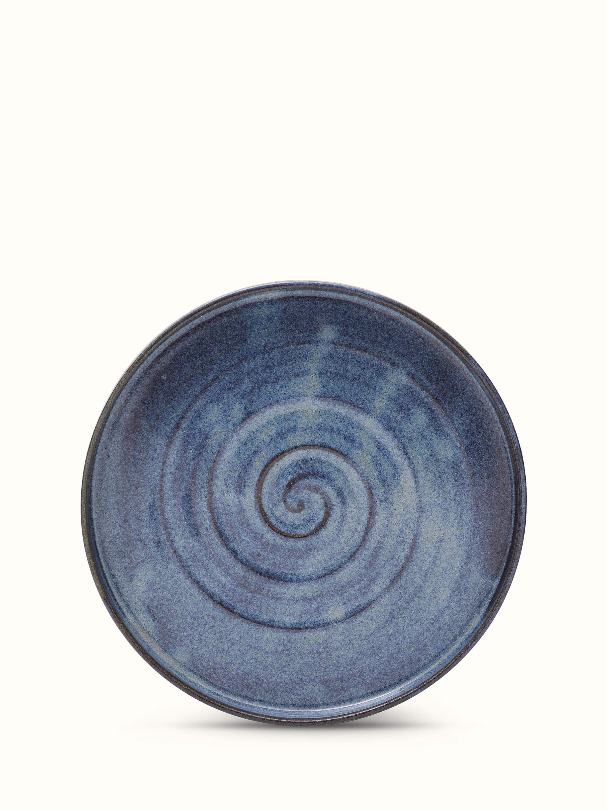 Front view of studio pottery ceramic dinner plate blue showcasing the rich glaze and texture.