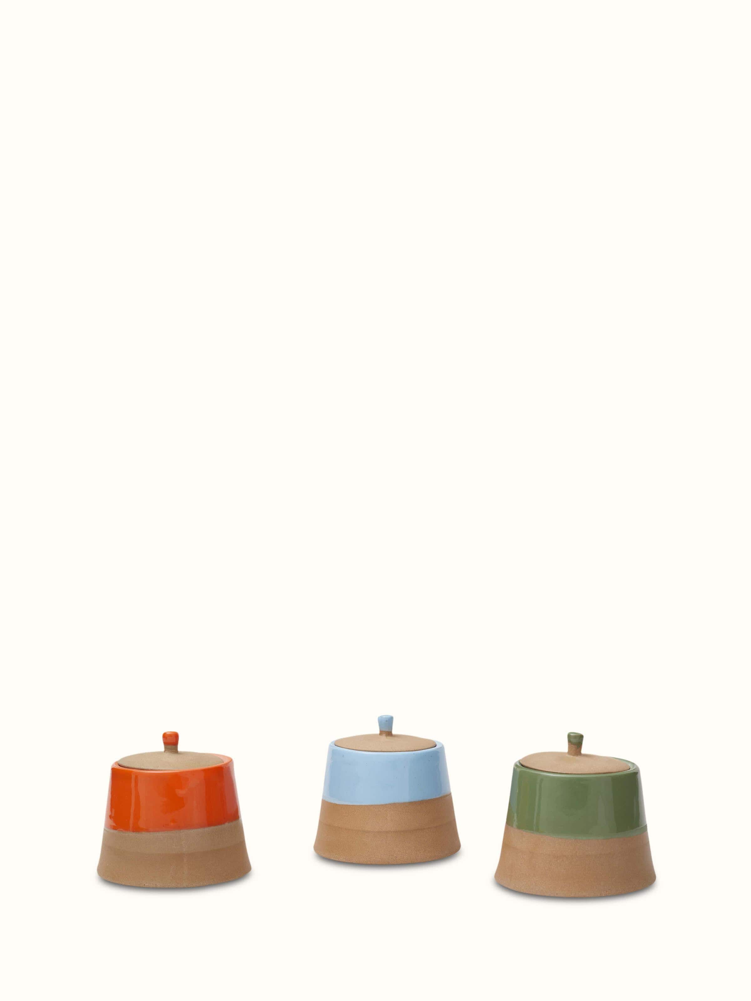 Front view of Studio Pottery ceramic condiments container set showcasing the elegant shapes and smooth finish.
