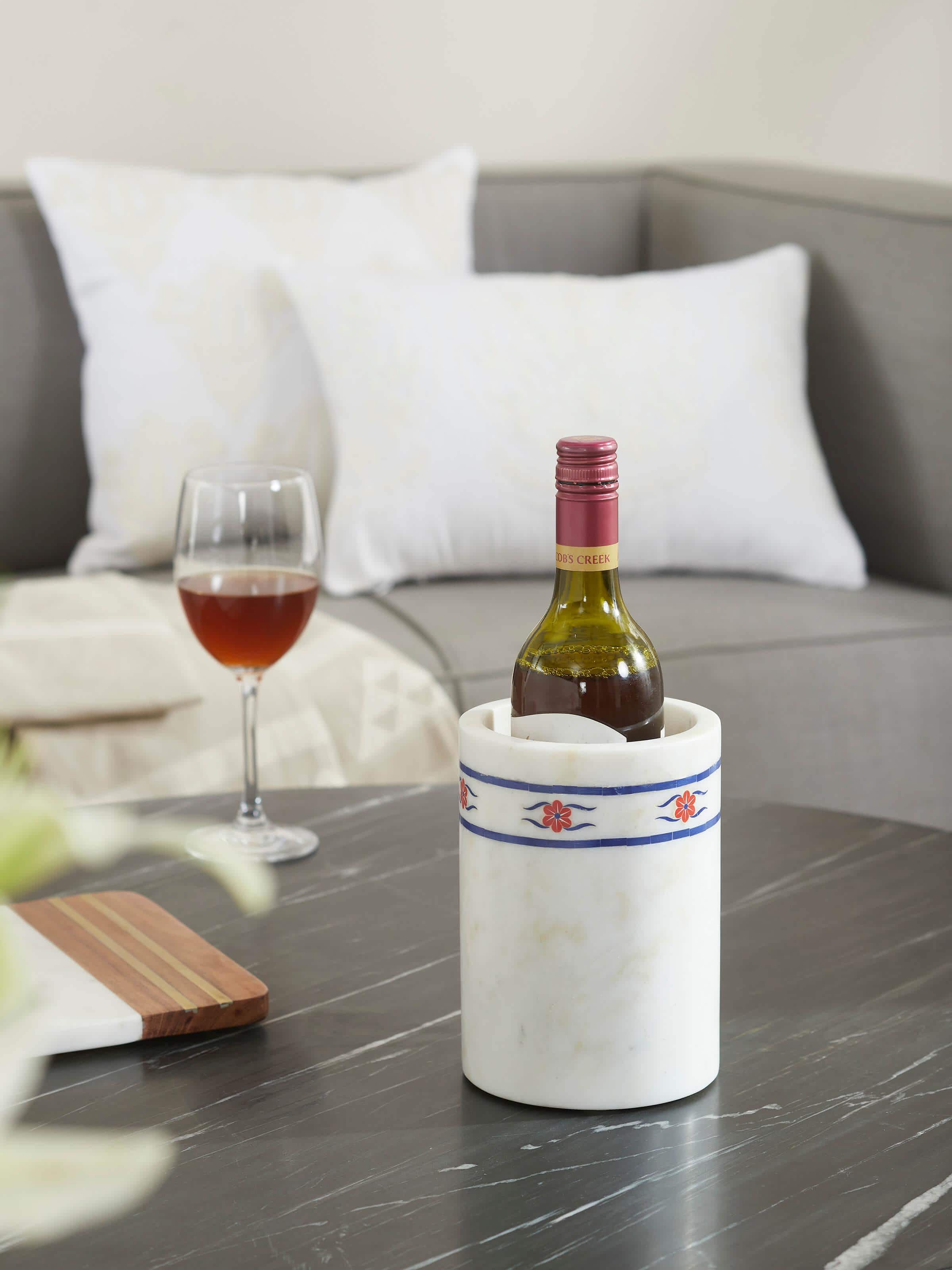 Side view of Marble Inlaid Barware Set, highlighting the intricate marble patterns and quality craftsmanship