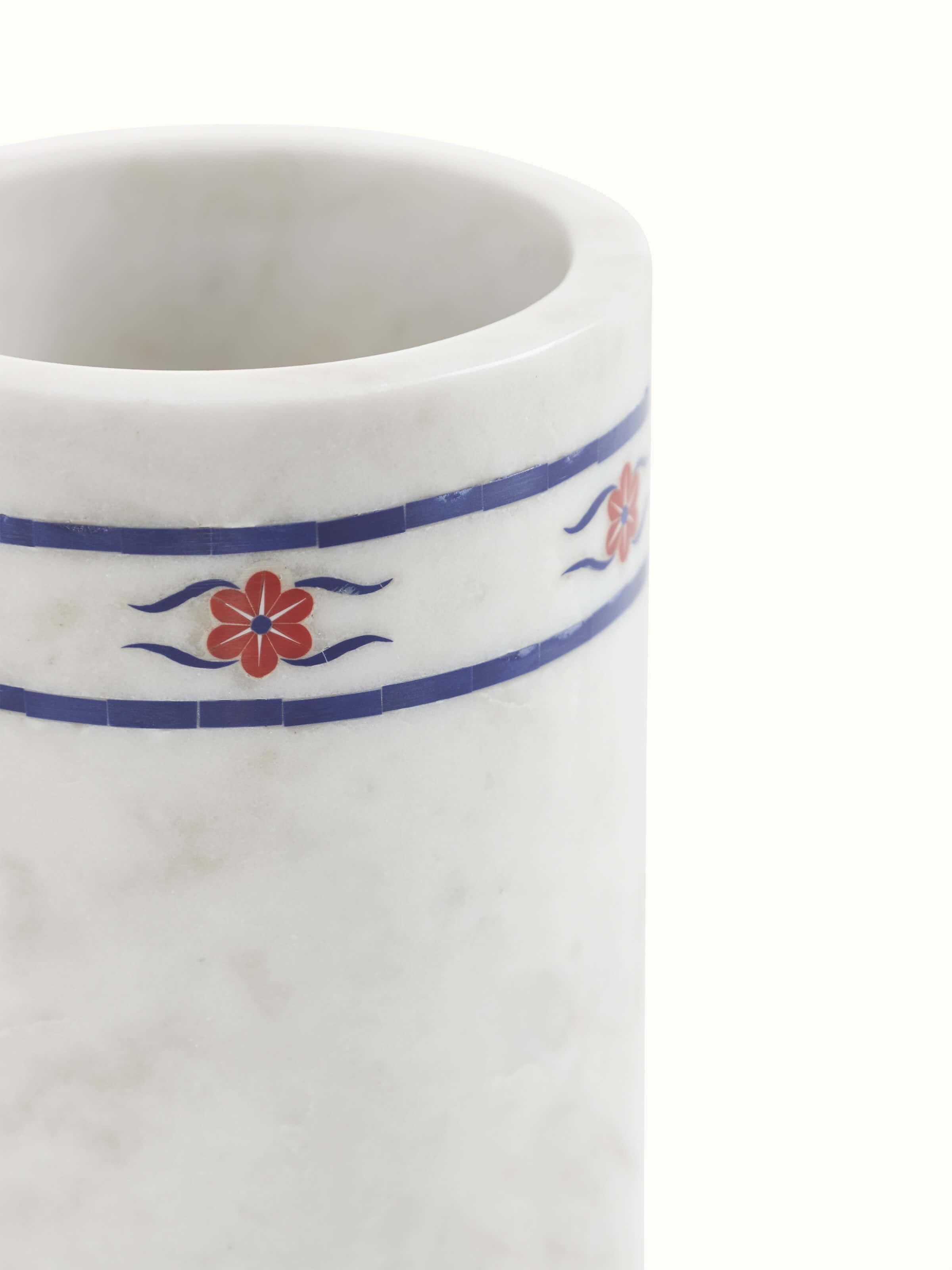 Angled view of Marble Inlaid Barware Set, showcasing the full set and design details