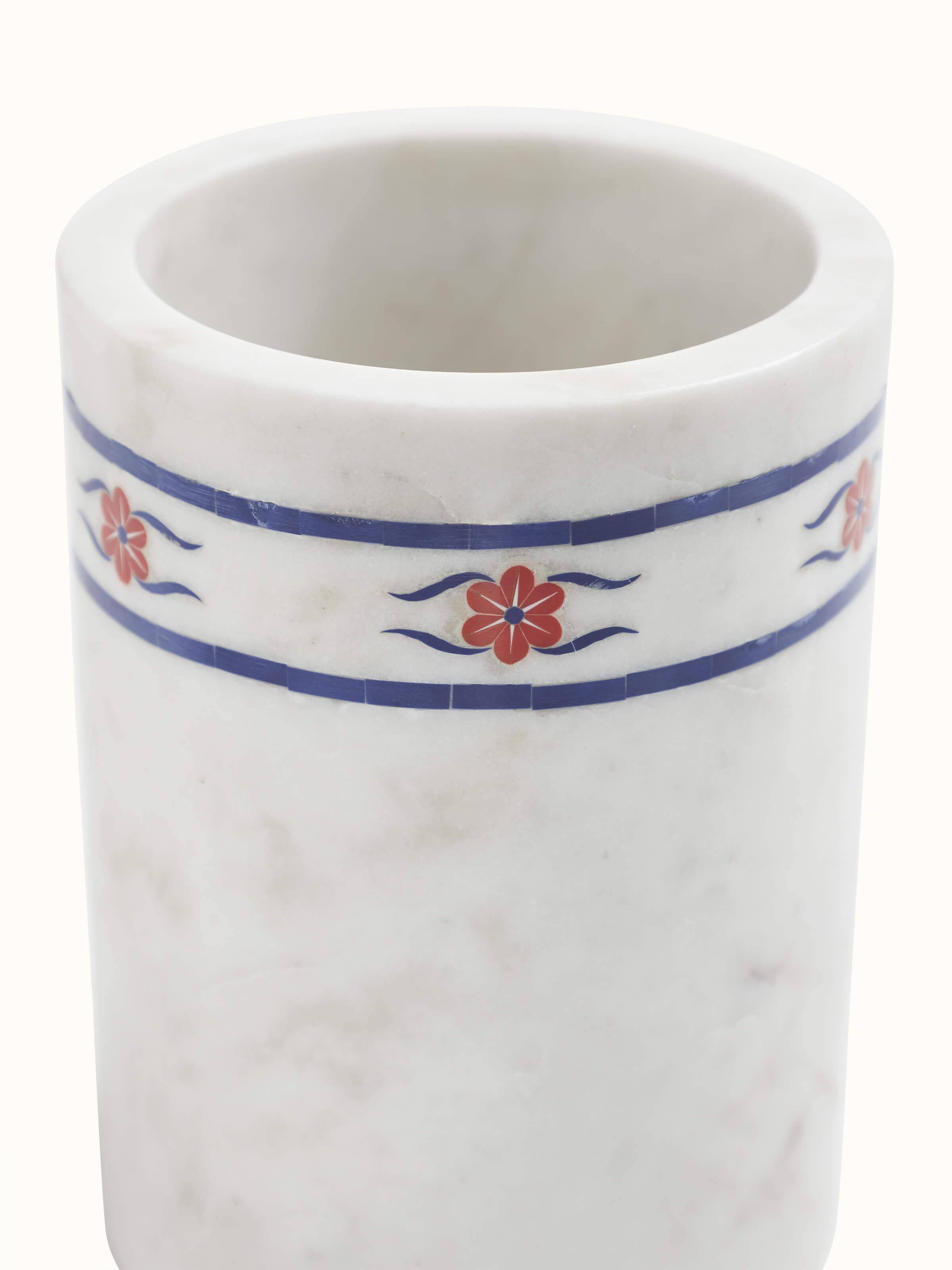 Top view of Marble Inlaid Barware Set, focusing on the marble patterns and overall arrangement of the barware