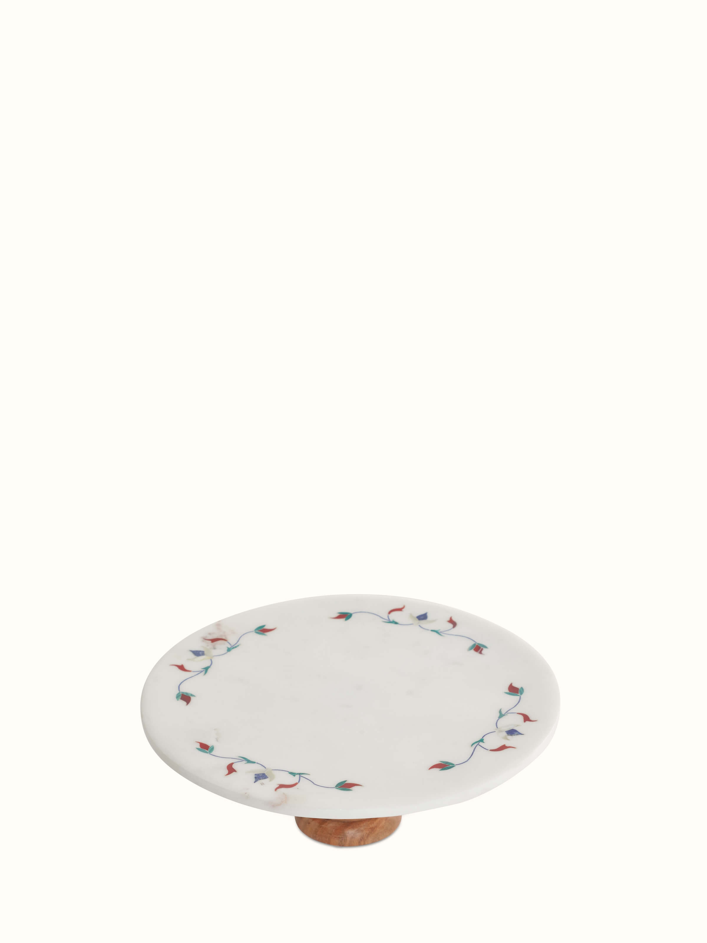Marble inlaid circular cake stand with a focus on the ornate floral inlay and the high-quality marble finish.