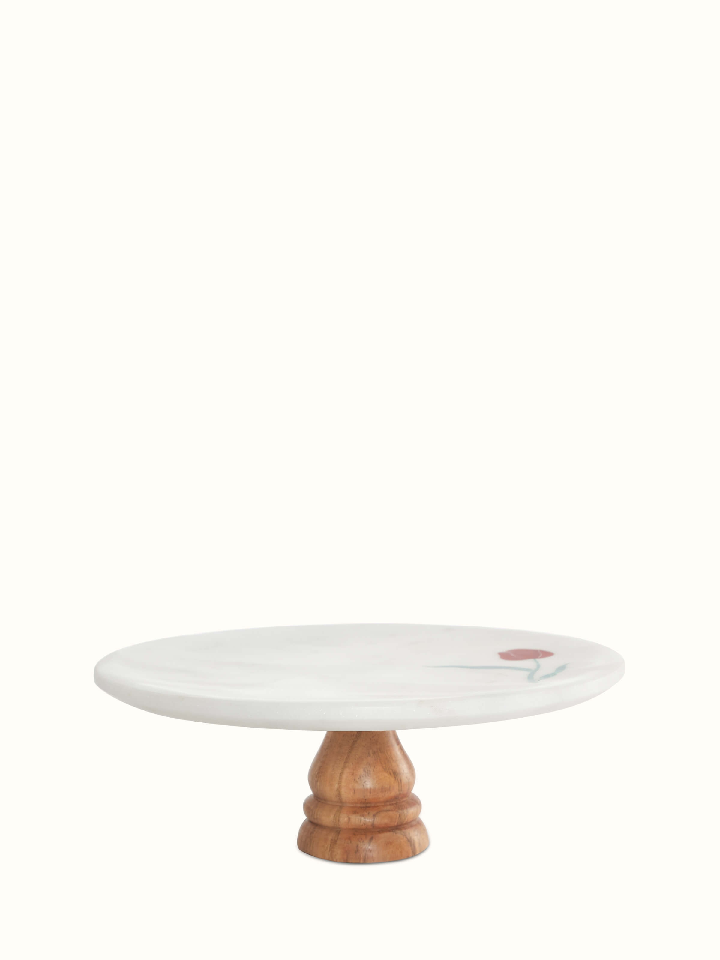 Front view of marble inlaid cake stand showcasing the detailed inlay work and polished surface.