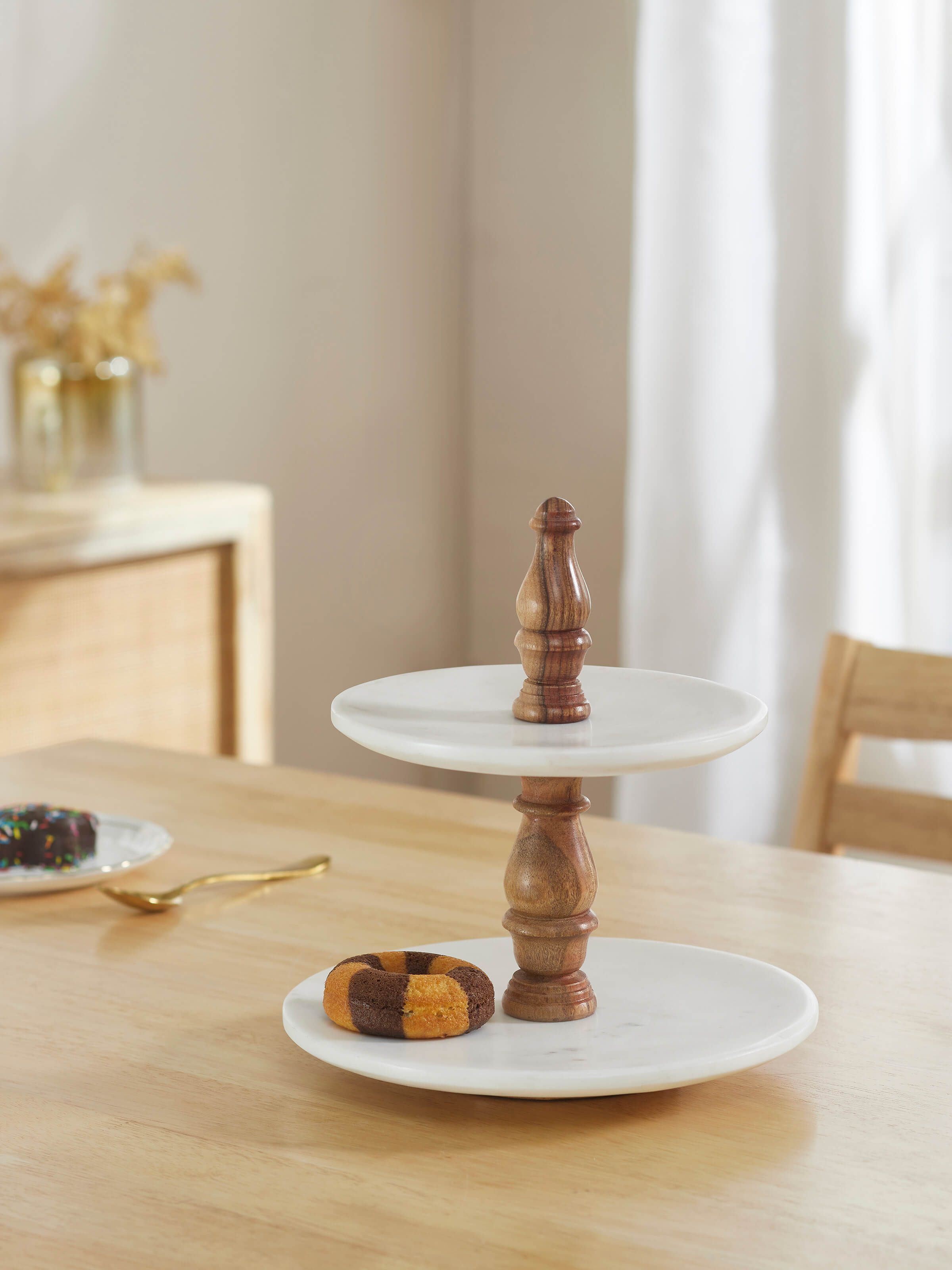 Side view of Marble Inlaid Two-Tier Cake Stand