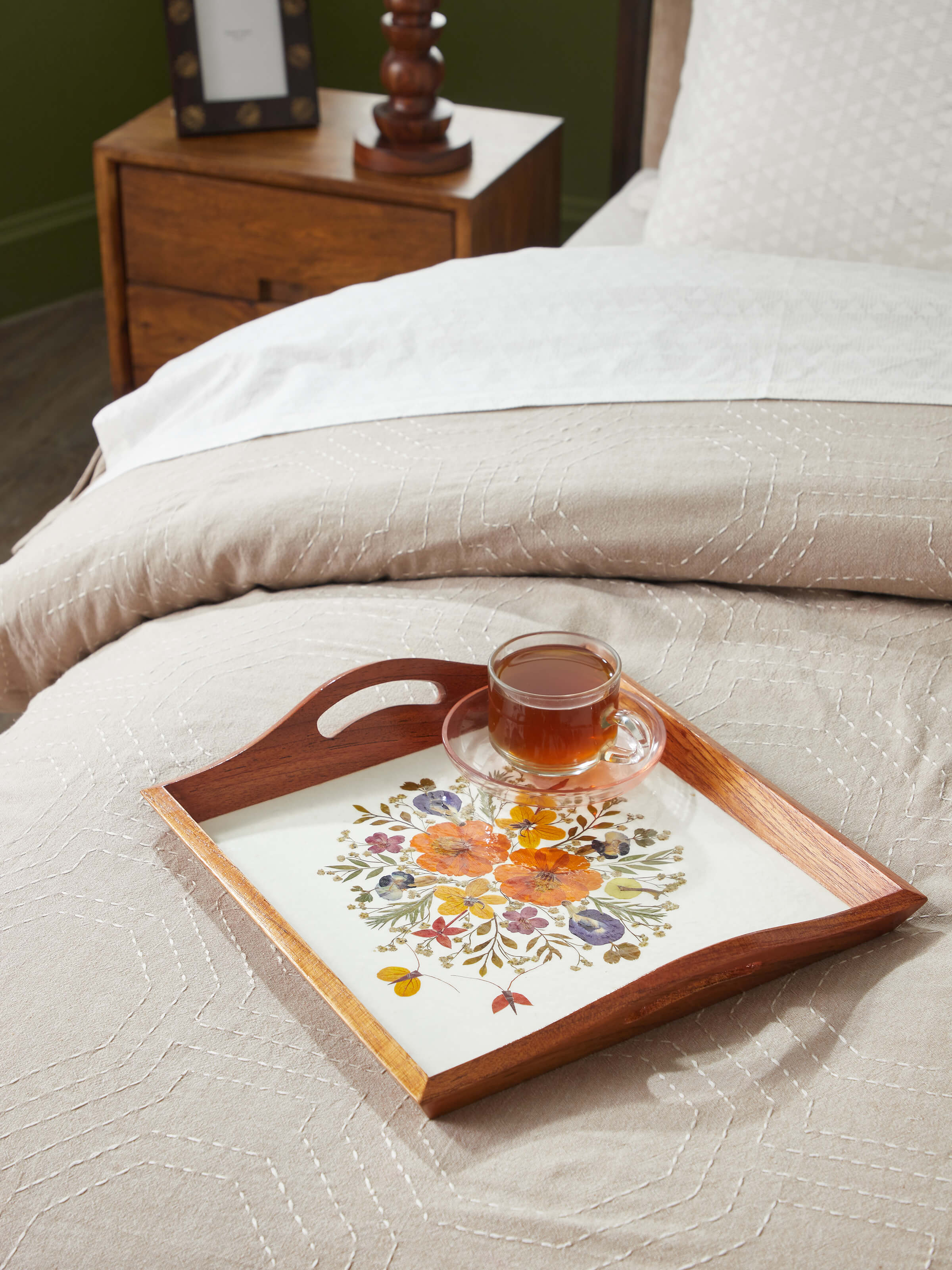 Side view of Handmade Paper Floral Tray (14 x 16 inches) showcasing elegant craftsmanship