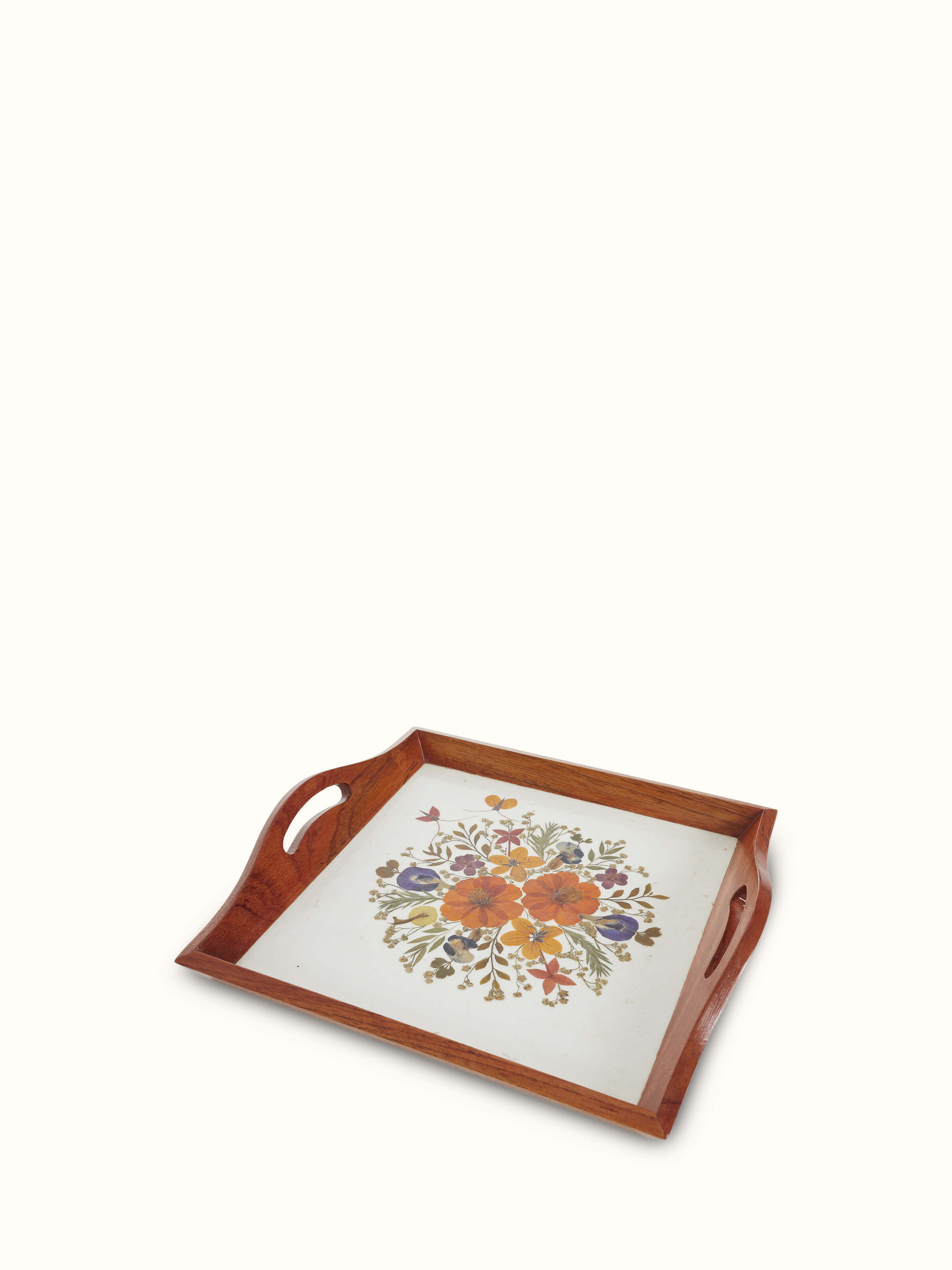 Angled view of Handmade Paper Floral Tray (14 x 16 inches) highlighting tray depth