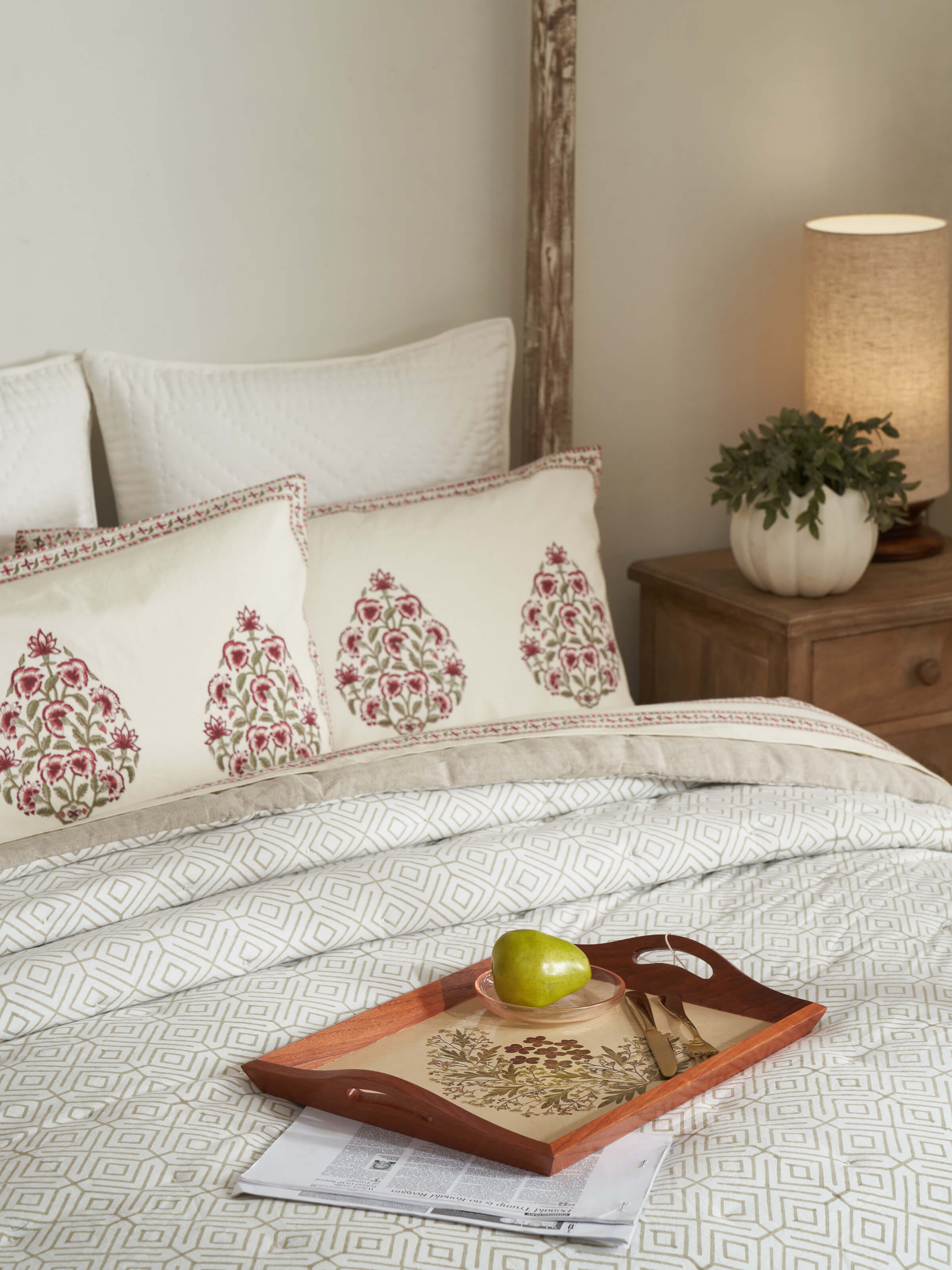 Side view of Handmade paper floral tray (20 x 14 inches) highlighting the intricate floral design and edges of the tray.