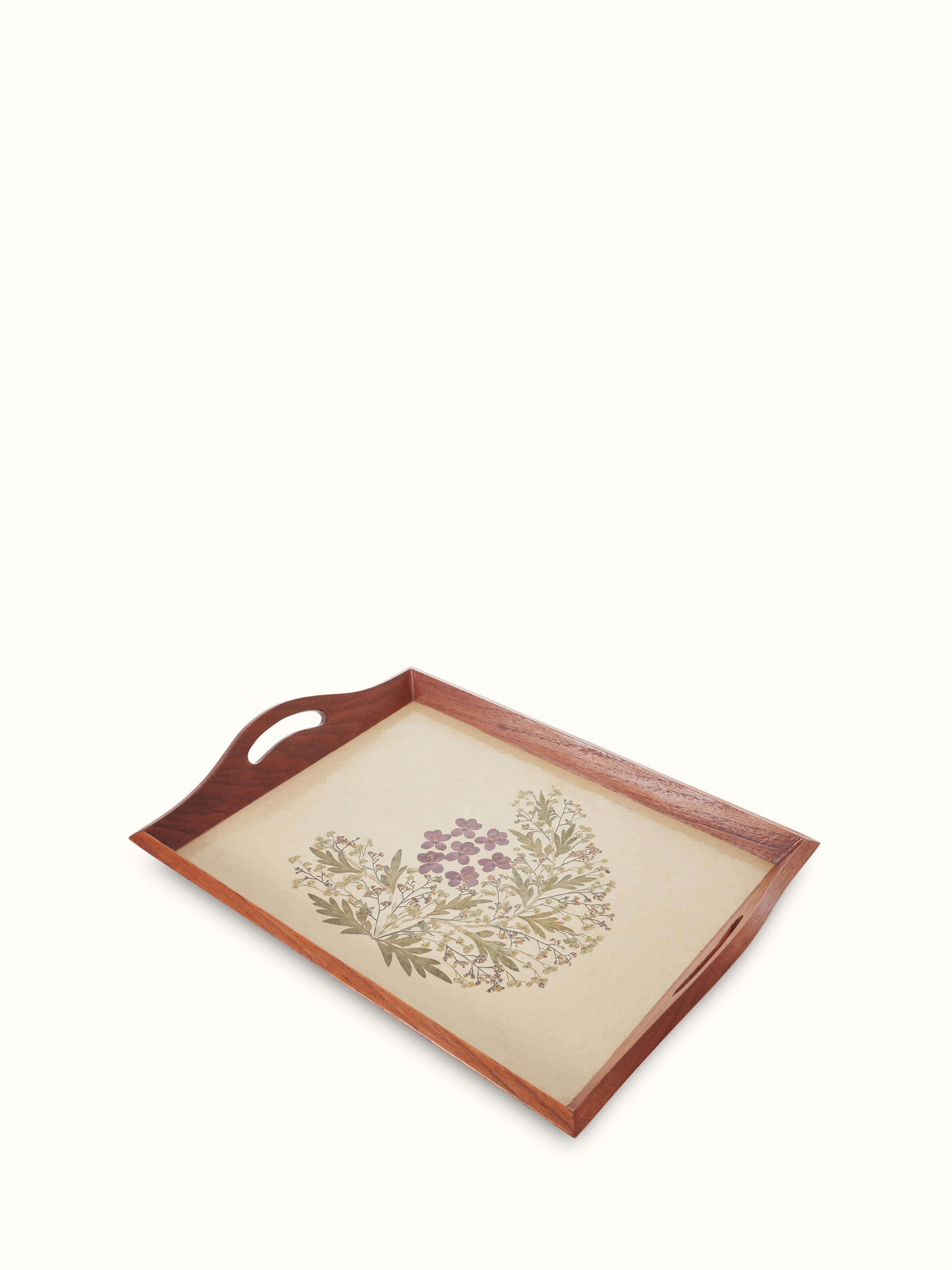 Angled view of Handmade paper floral tray (20 x 14 inches) emphasizing the detailed floral artwork and the tray’s depth.