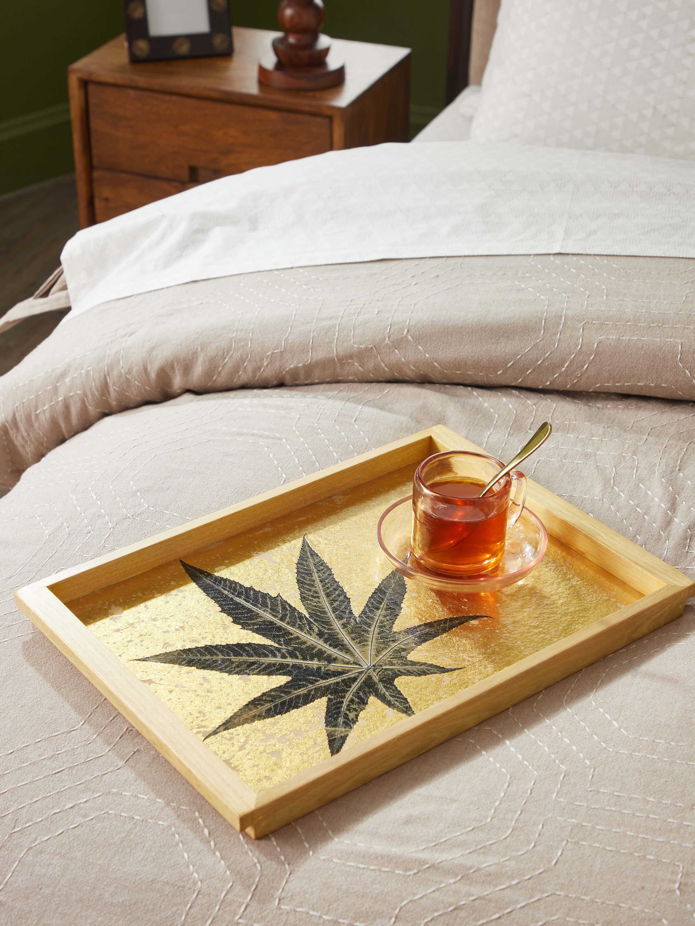 Side view of Auroville handmade paper chinar tray highlighting the delicate craftsmanship and unique design inspired by nature.