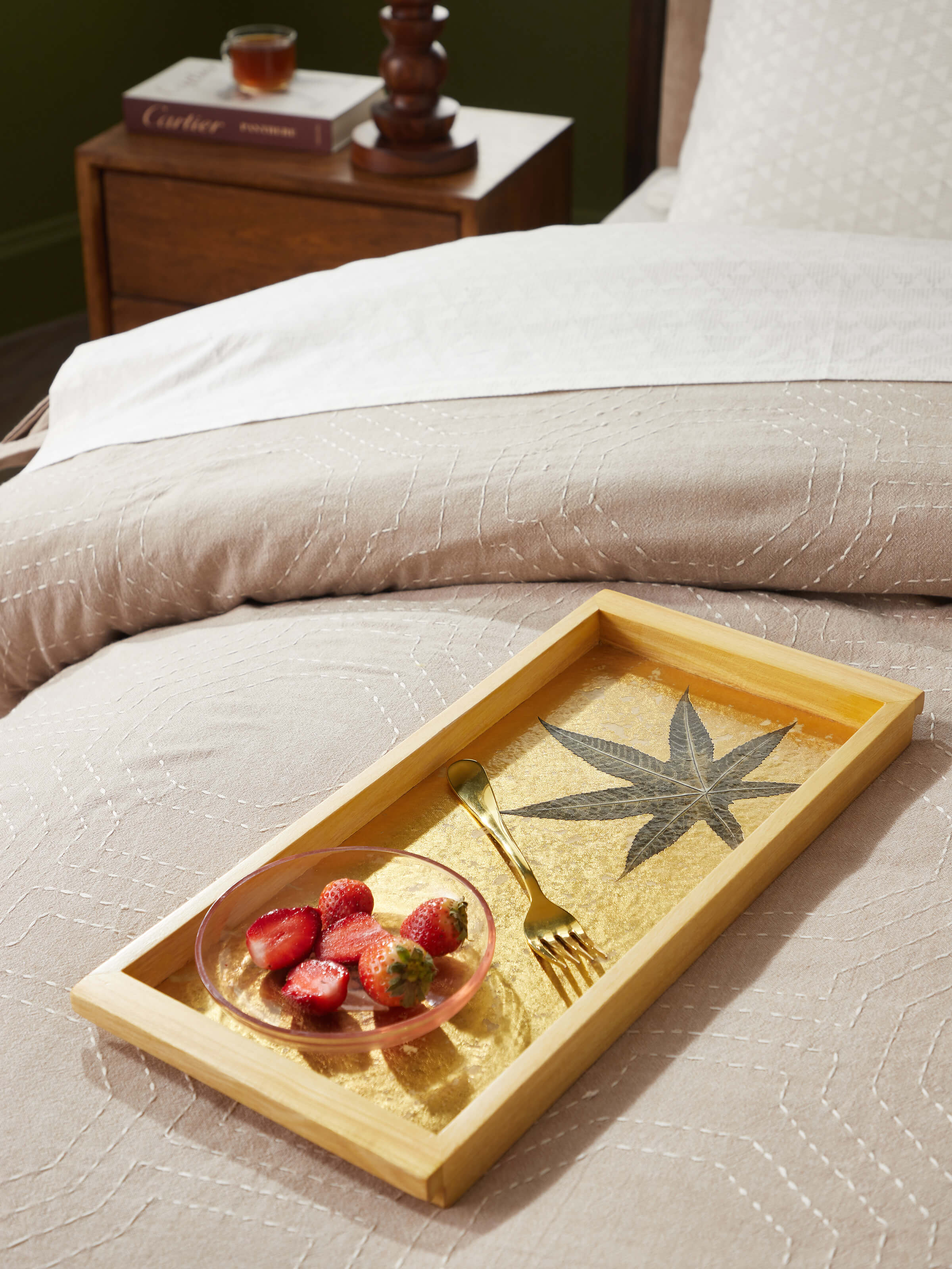 Top view of Auroville handmade paper chinar tray (18 x 10 inches) displaying its detailed design and natural textures