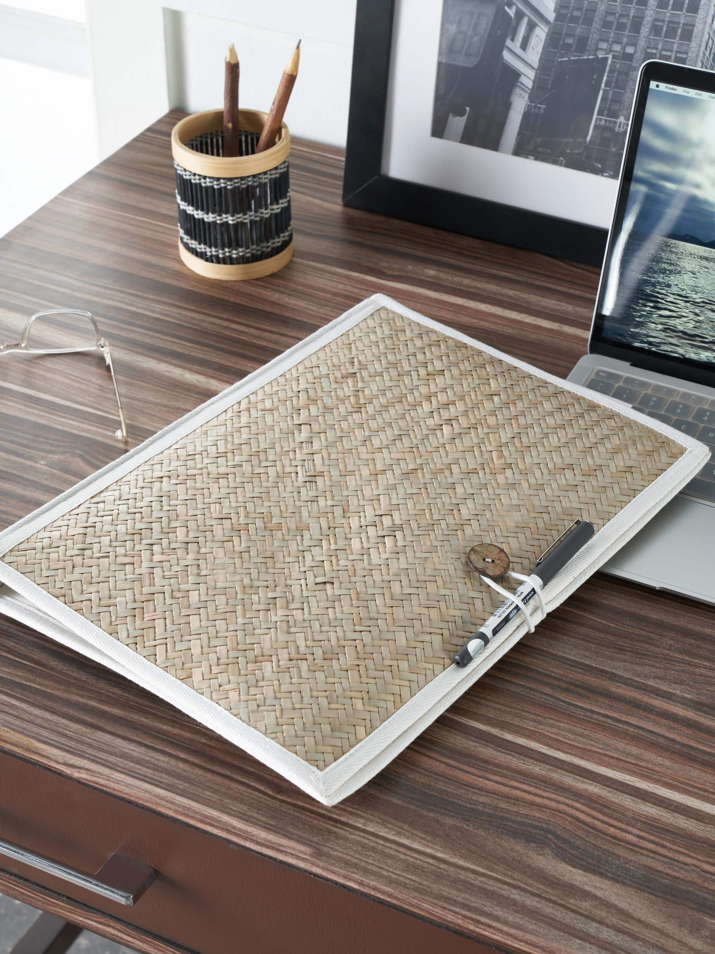 Side view of bamboo sital patti file folder in brown highlighting the traditional craftsmanship and sturdy build.