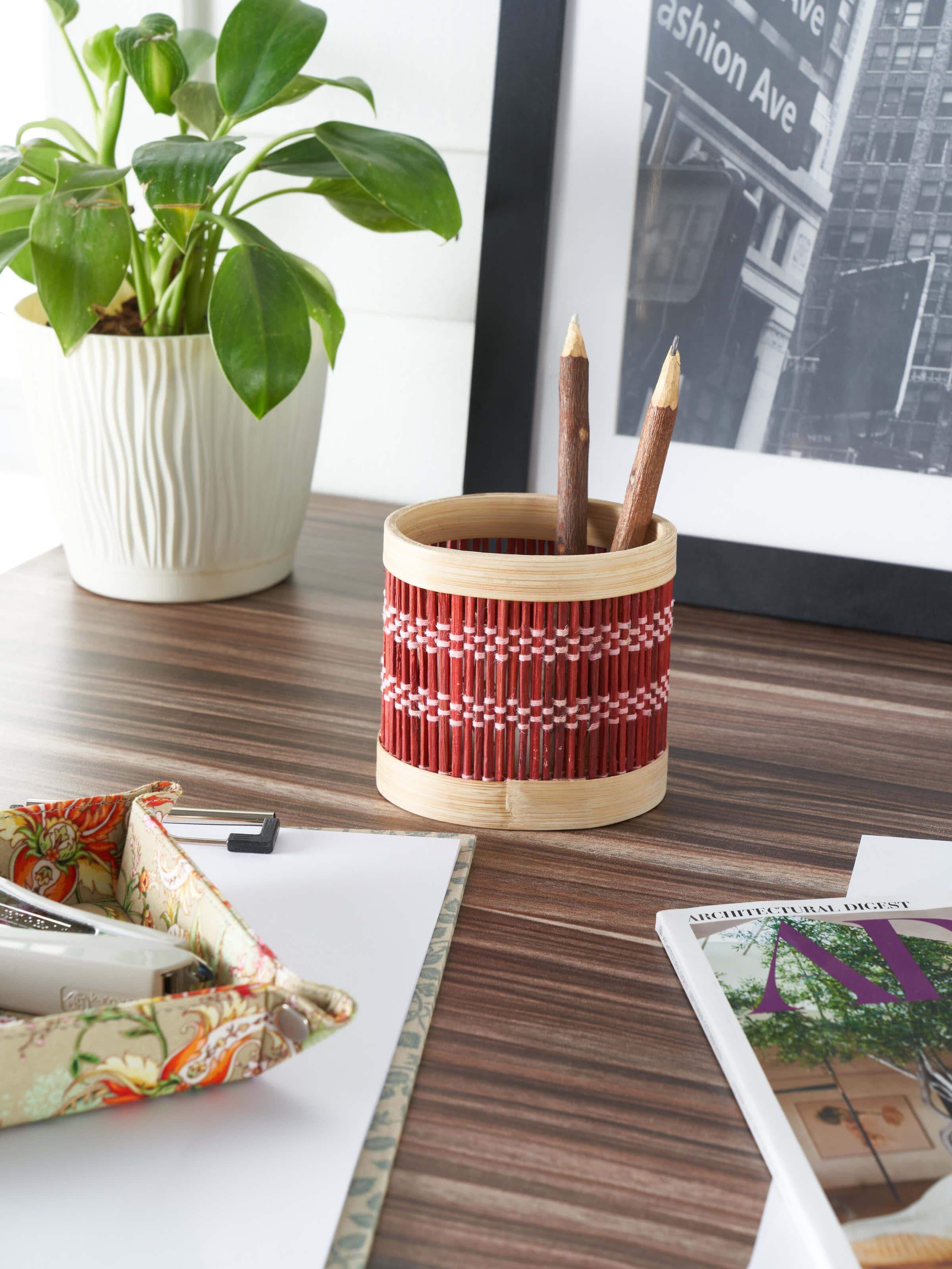 Side view of Bamboo pen stand in red