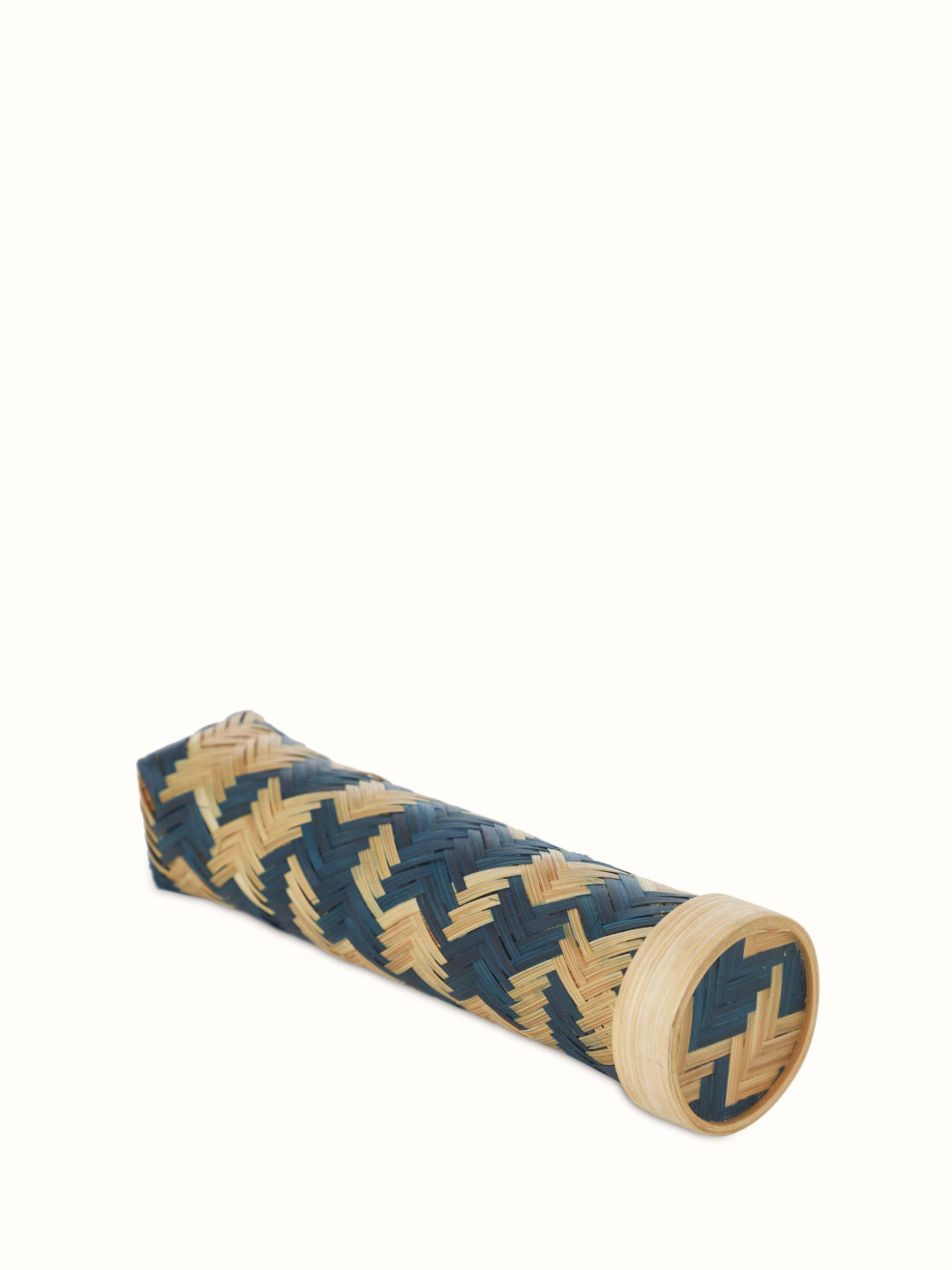 Side view of a blue bamboo stationery box, showcasing its texture and craftsmanship.